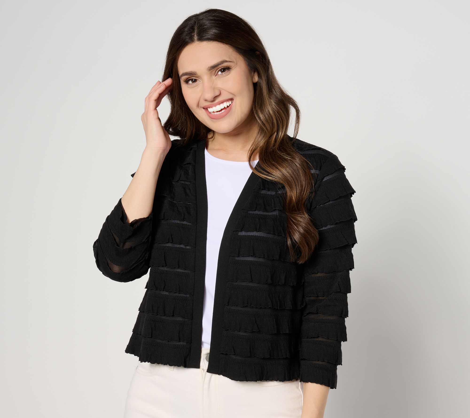 "As Is" Susan Graver Tiered Ruffle Knit 3/4 Sleeve Shrug