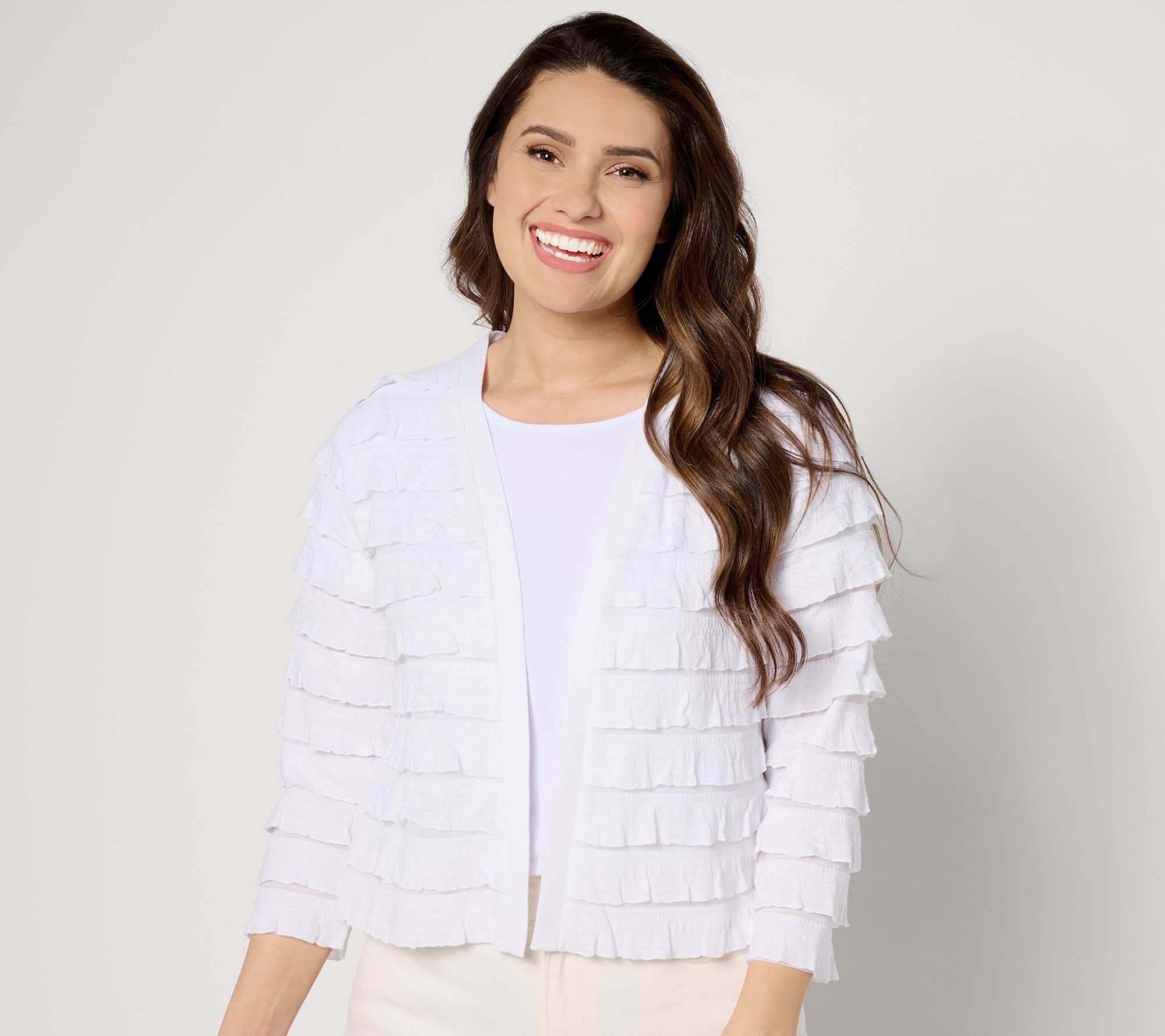 "As Is" Susan Graver Tiered Ruffle Knit 3/4 Sleeve Shrug