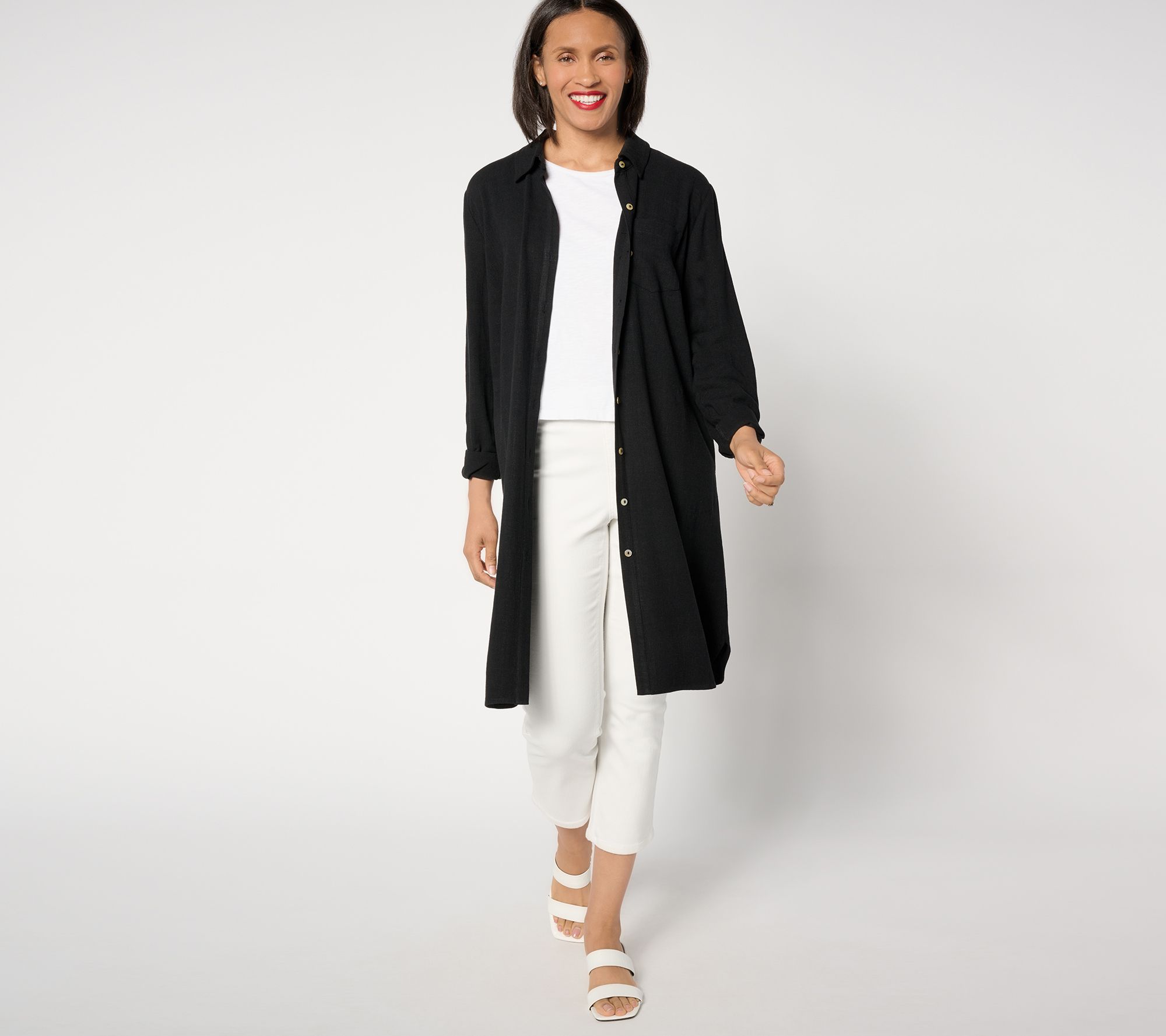 "As Is" Susan Graver PURE Regular Linen Blend Button Front Duster