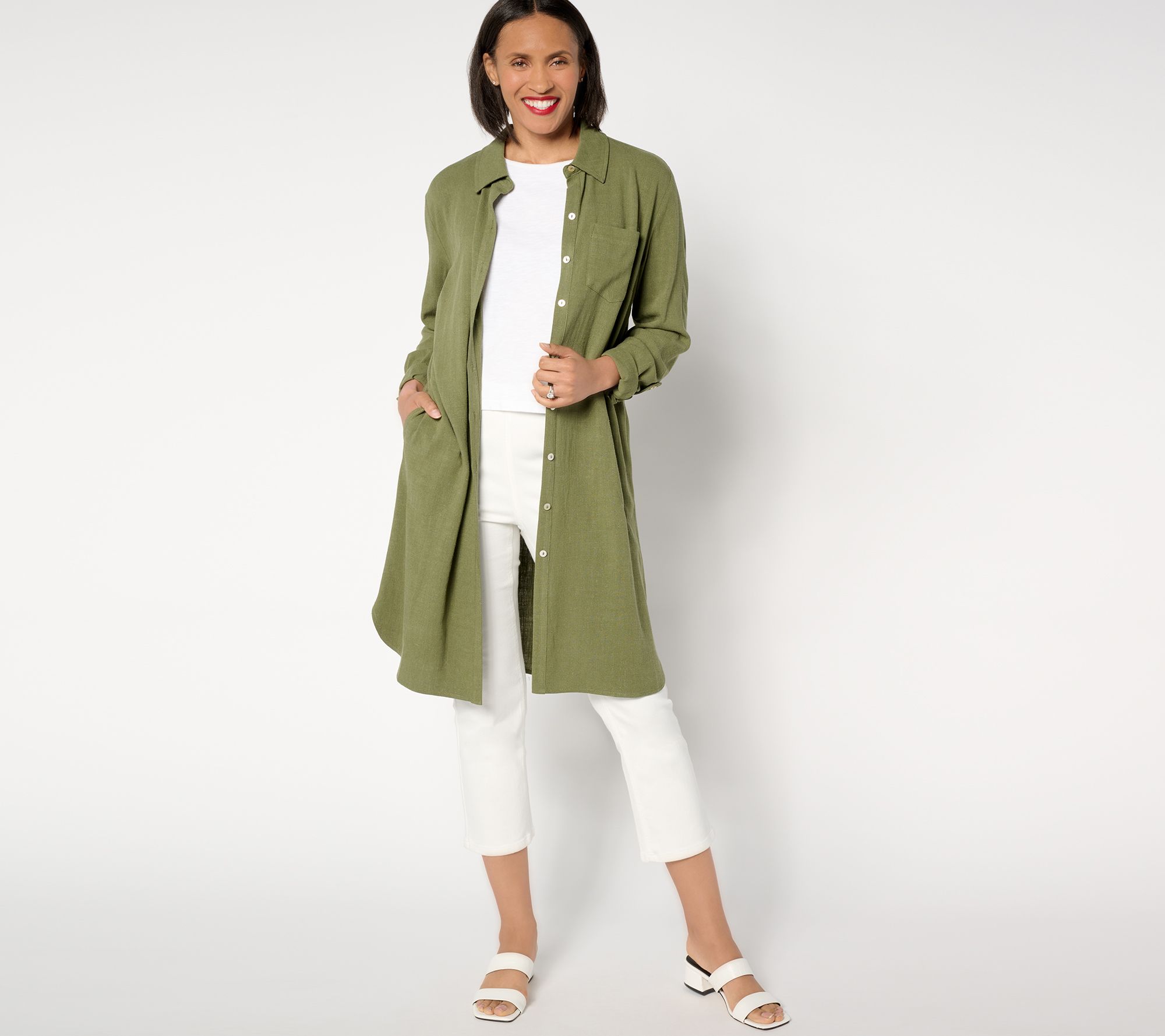 "As Is" Susan Graver PURE Regular Linen Blend Button Front Duster