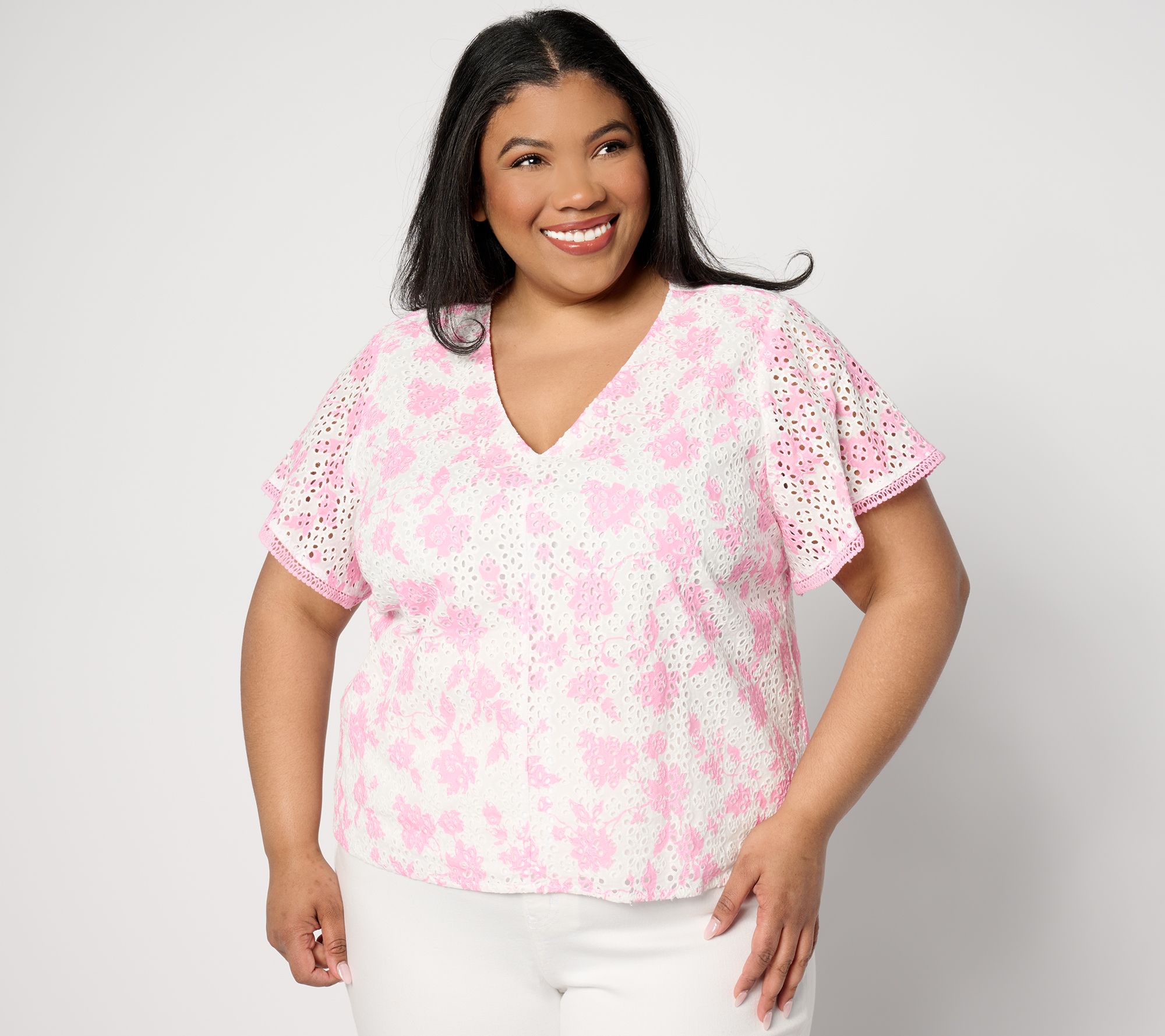 "As Is" Isaac Mizrahi Live! Printed Eyelet Top with Ruffle Sleeves