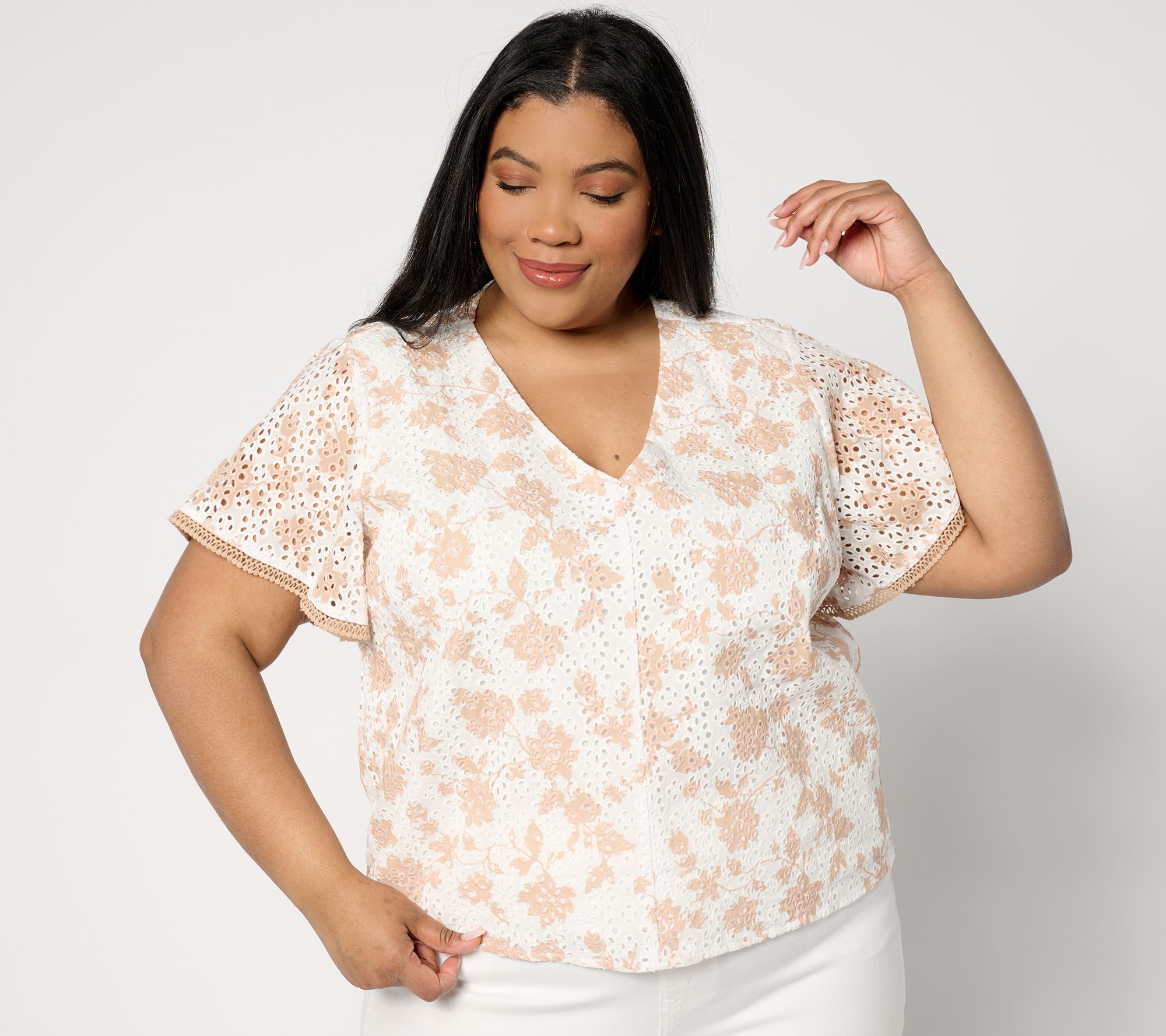 "As Is" Isaac Mizrahi Live! Printed Eyelet Top with Ruffle Sleeves