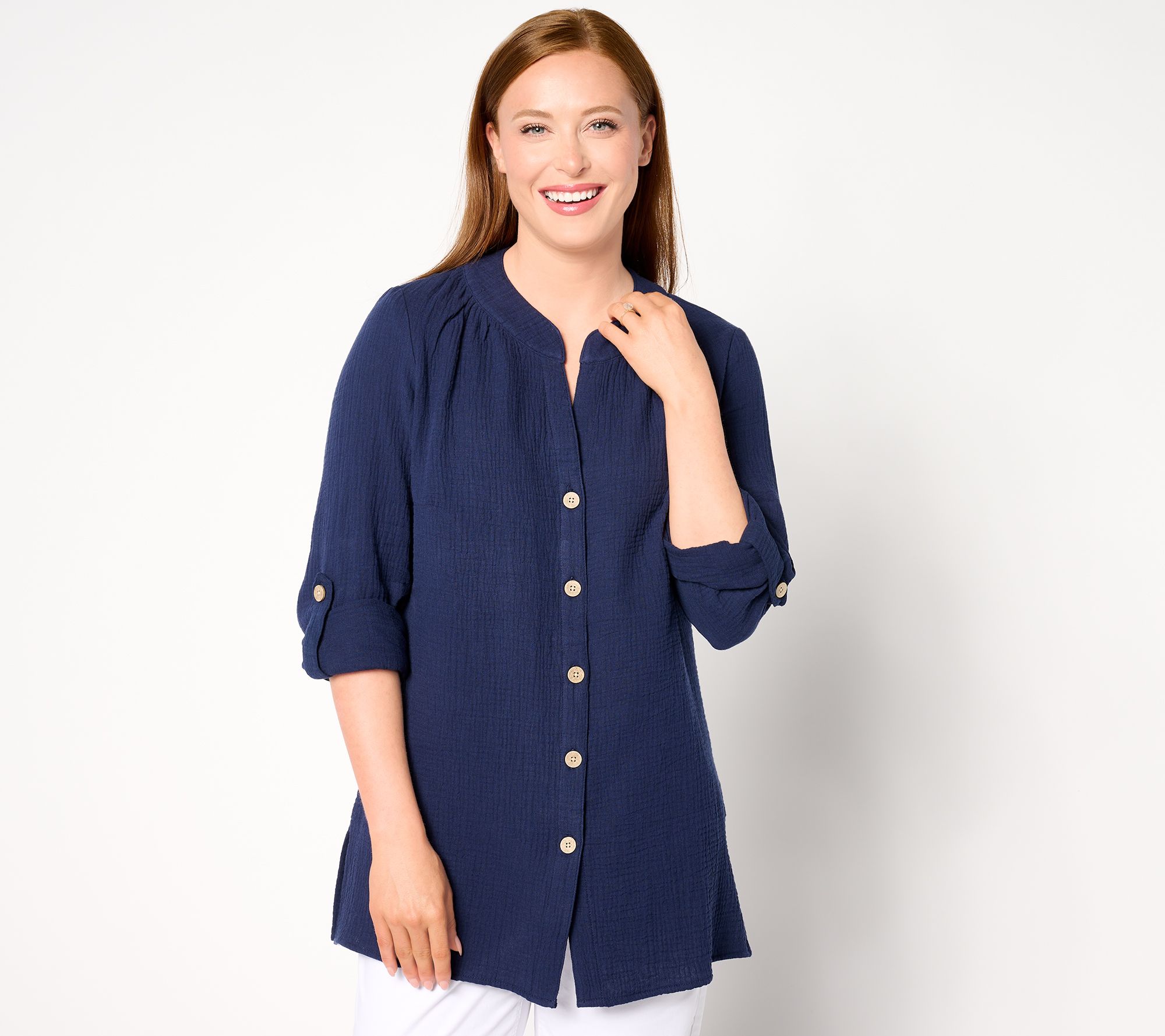 "As Is" Denim & Co. By the Beach Petite Gauze Button Up Big Shirt