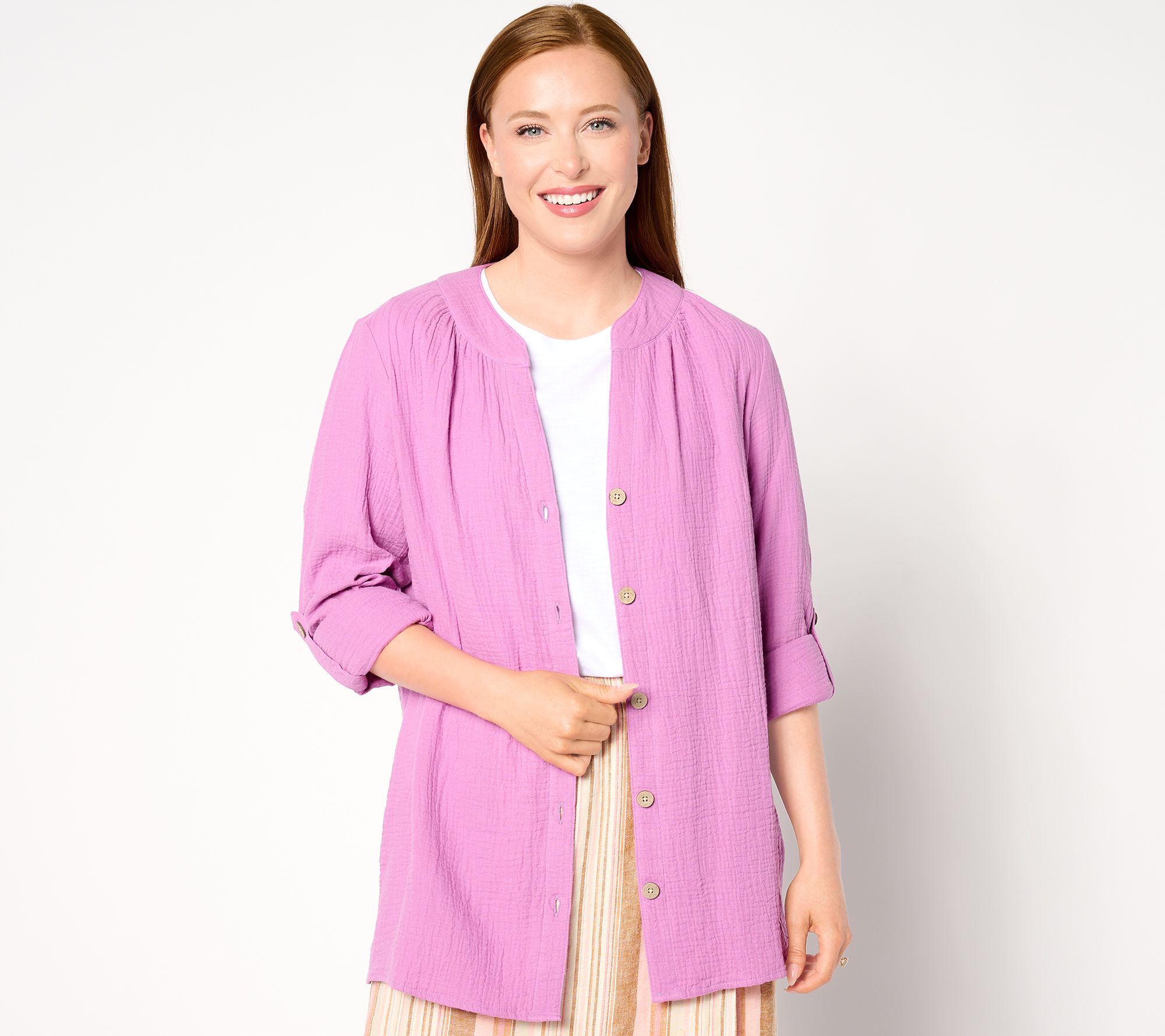 "As Is" Denim & Co. By the Beach Petite Gauze Button Up Big Shirt