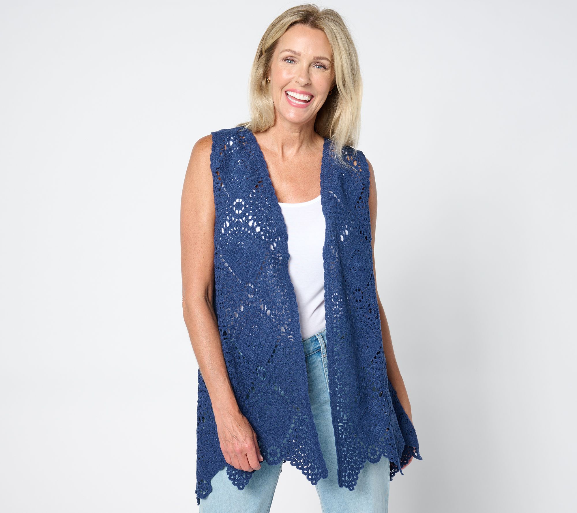 "As Is" Susan Graver Passport Crochet Vest with Scalloped Hem