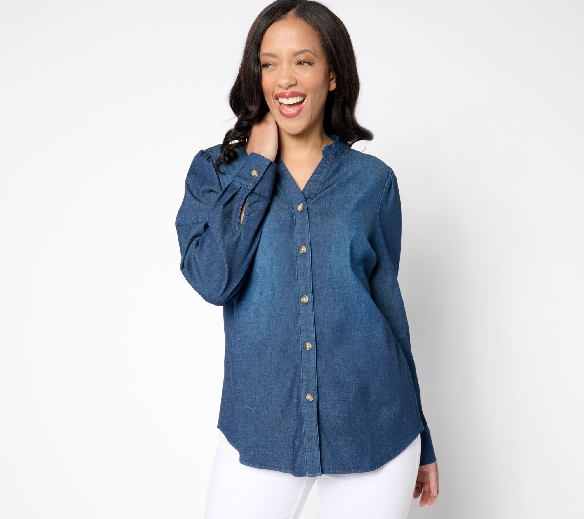 "As Is" Belle by Kim Gravel Stretch Denim Puff Shoulder Blouse