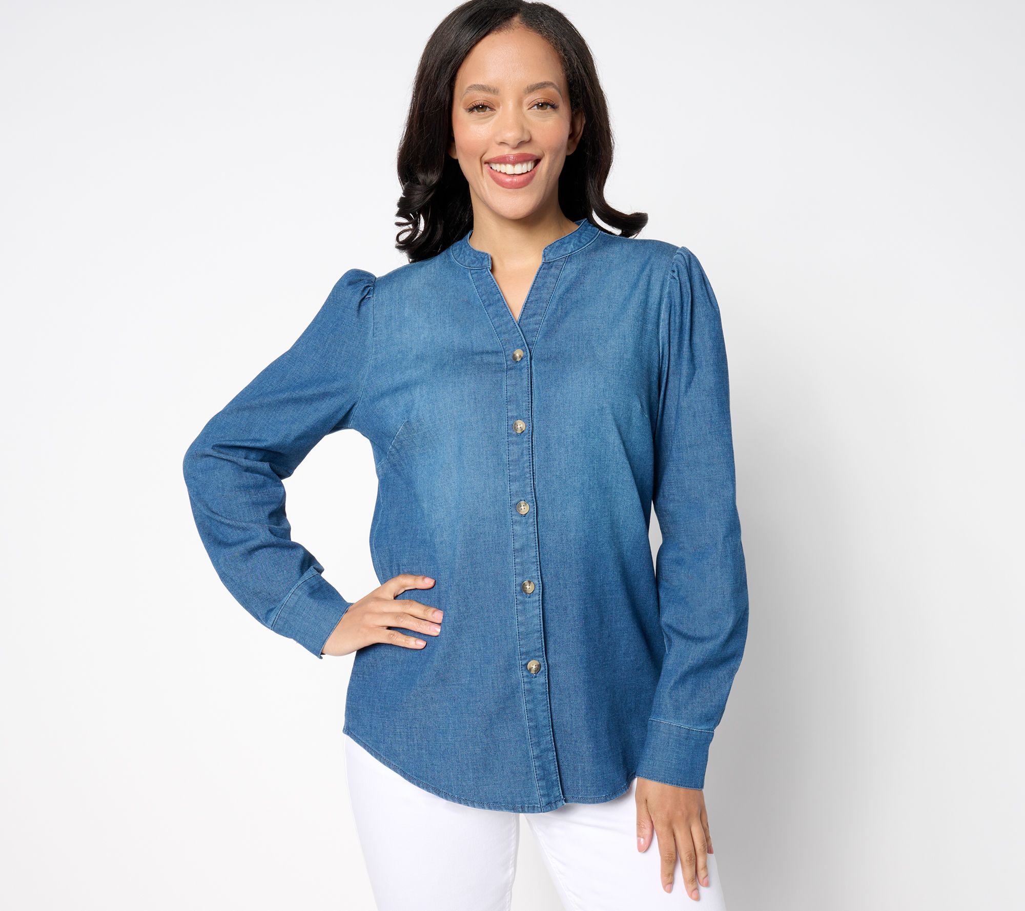 "As Is" Belle by Kim Gravel Stretch Denim Puff Shoulder Blouse