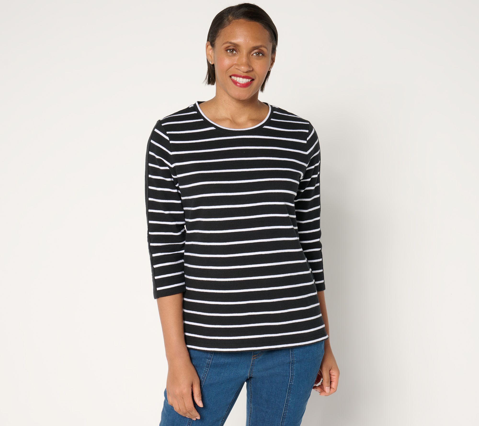 Denim & Co. Active Textured Cotton 3/4 Sleeve Striped Top