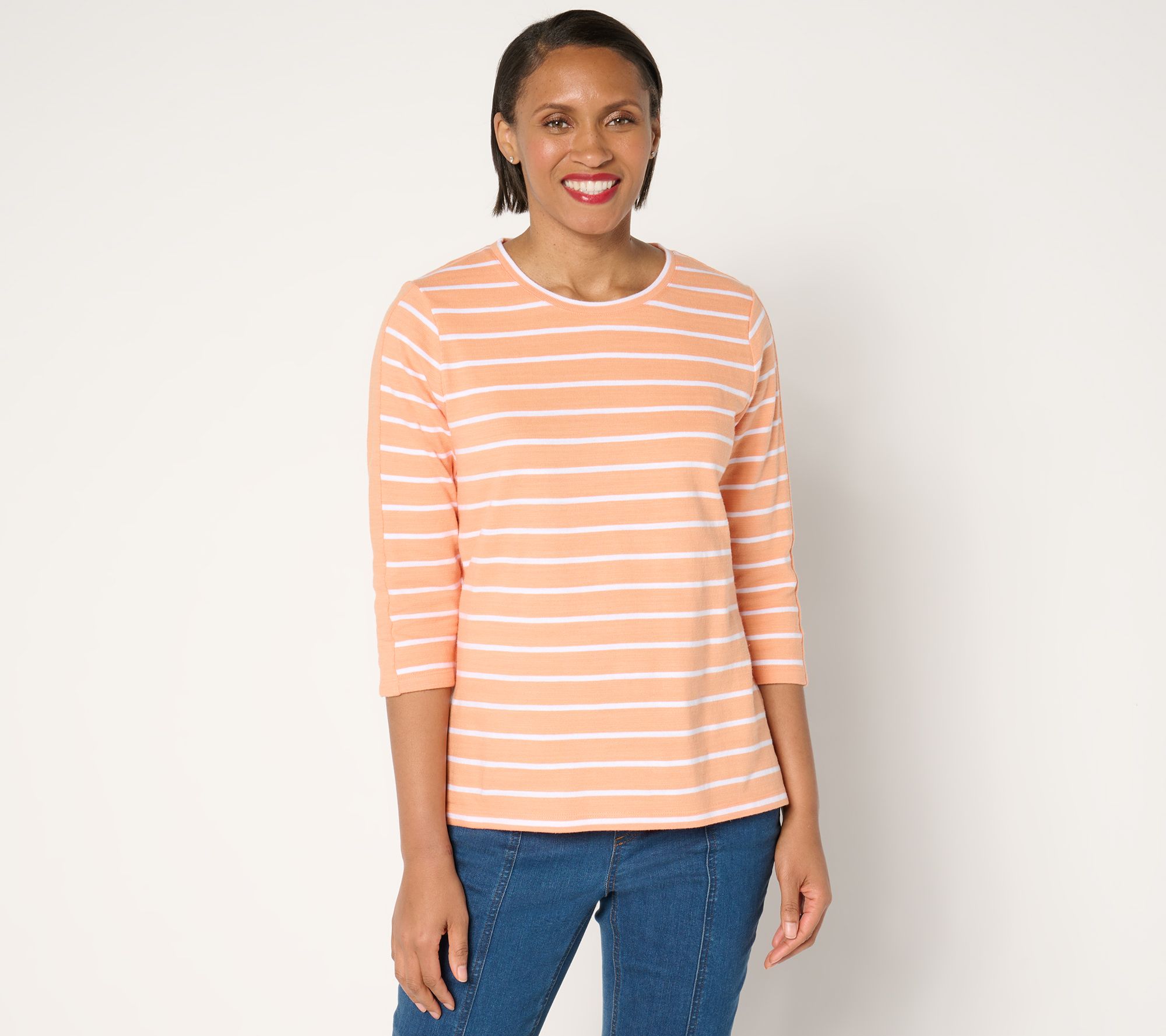Denim & Co. Active Textured Cotton 3/4 Sleeve Striped Top