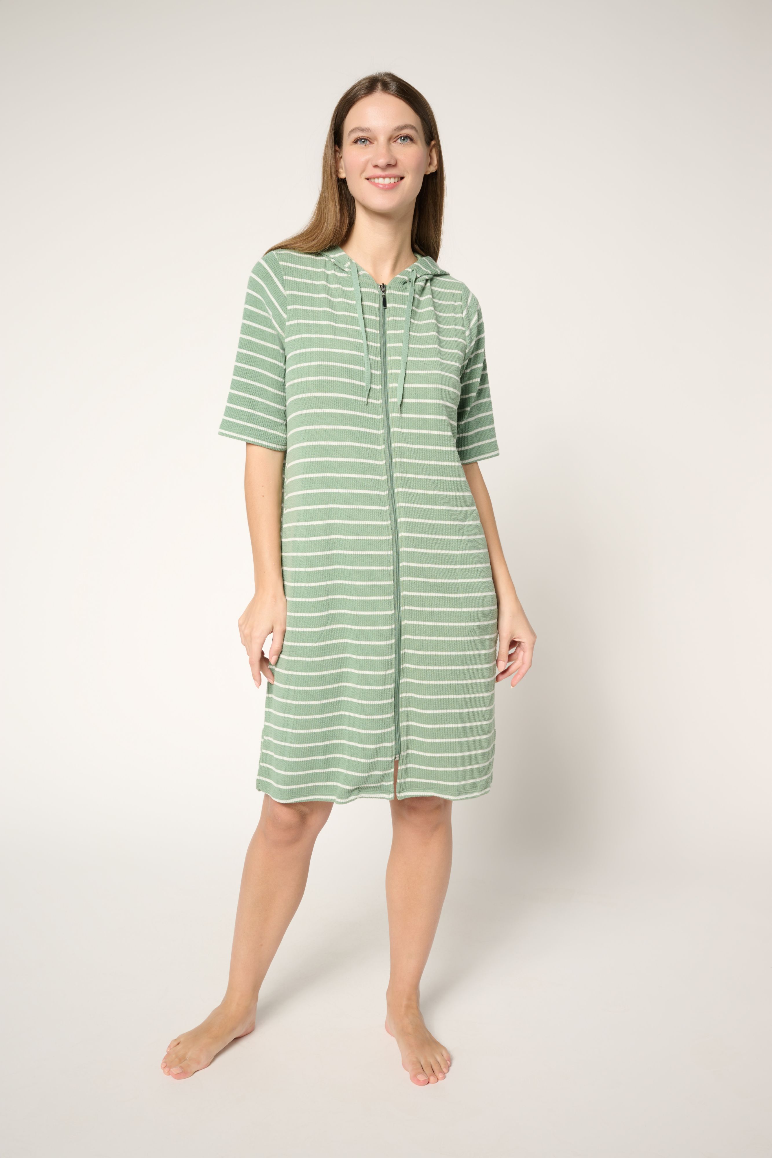 Stan Herman Stripe Double Knit Crinkle Rib Hooded Zip Lounger