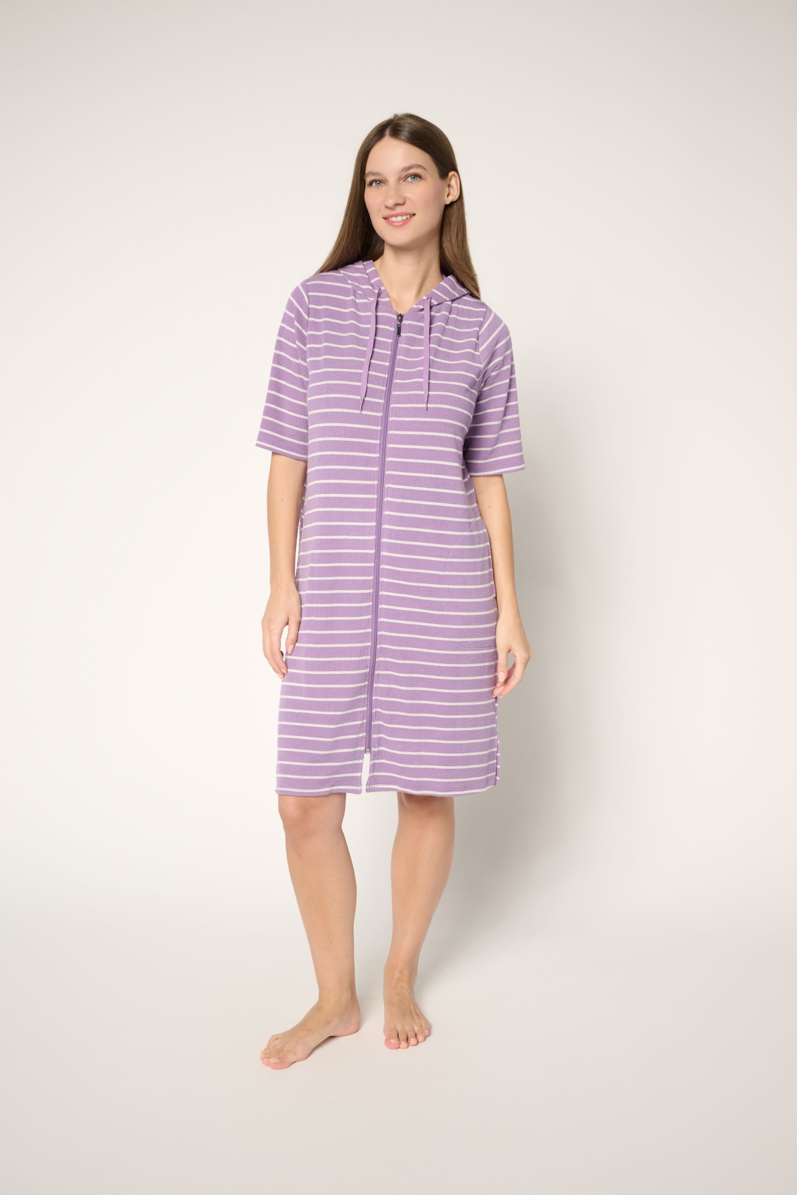 Stan Herman Stripe Double Knit Crinkle Rib Hooded Zip Lounger