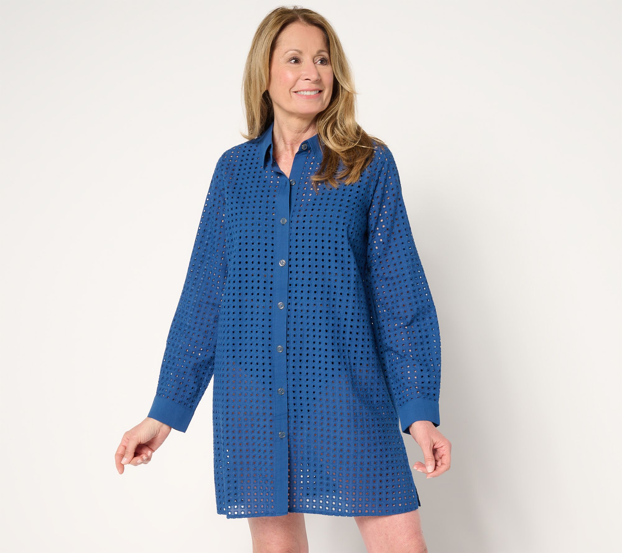 Susan Graver Soleil Regular Eyelet Button Front Cover-Up