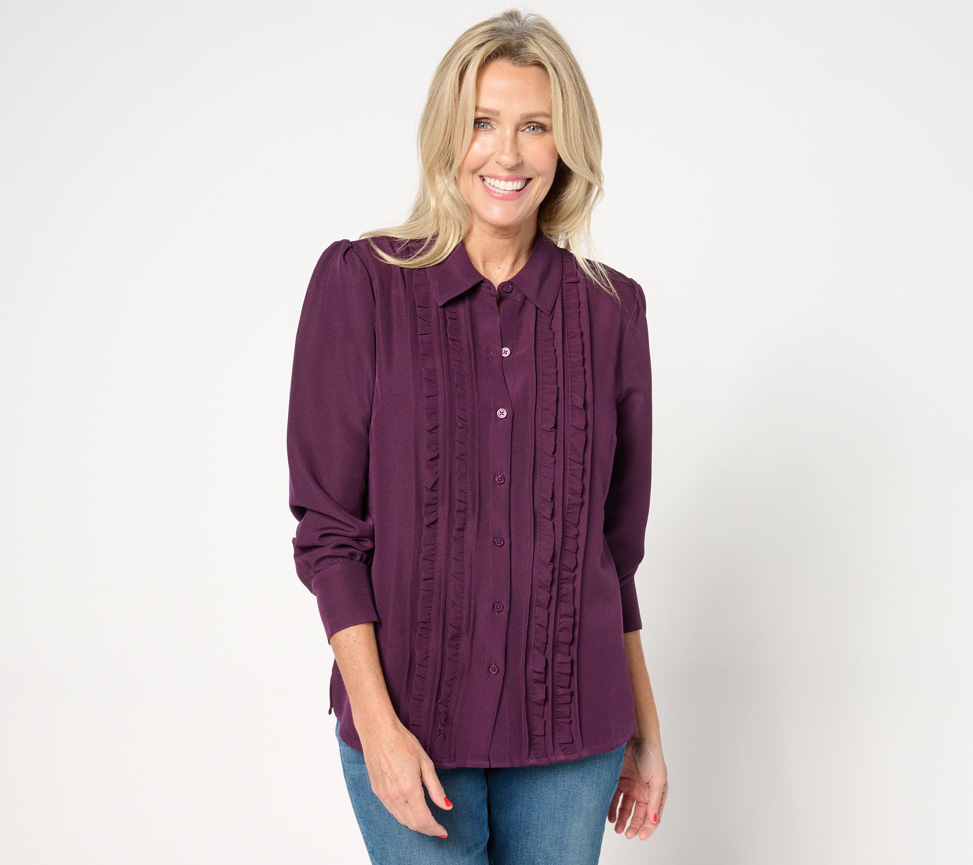 "As Is" Denim & Co. Heritage Ruffle Front Puff Sleeve Button Up Top