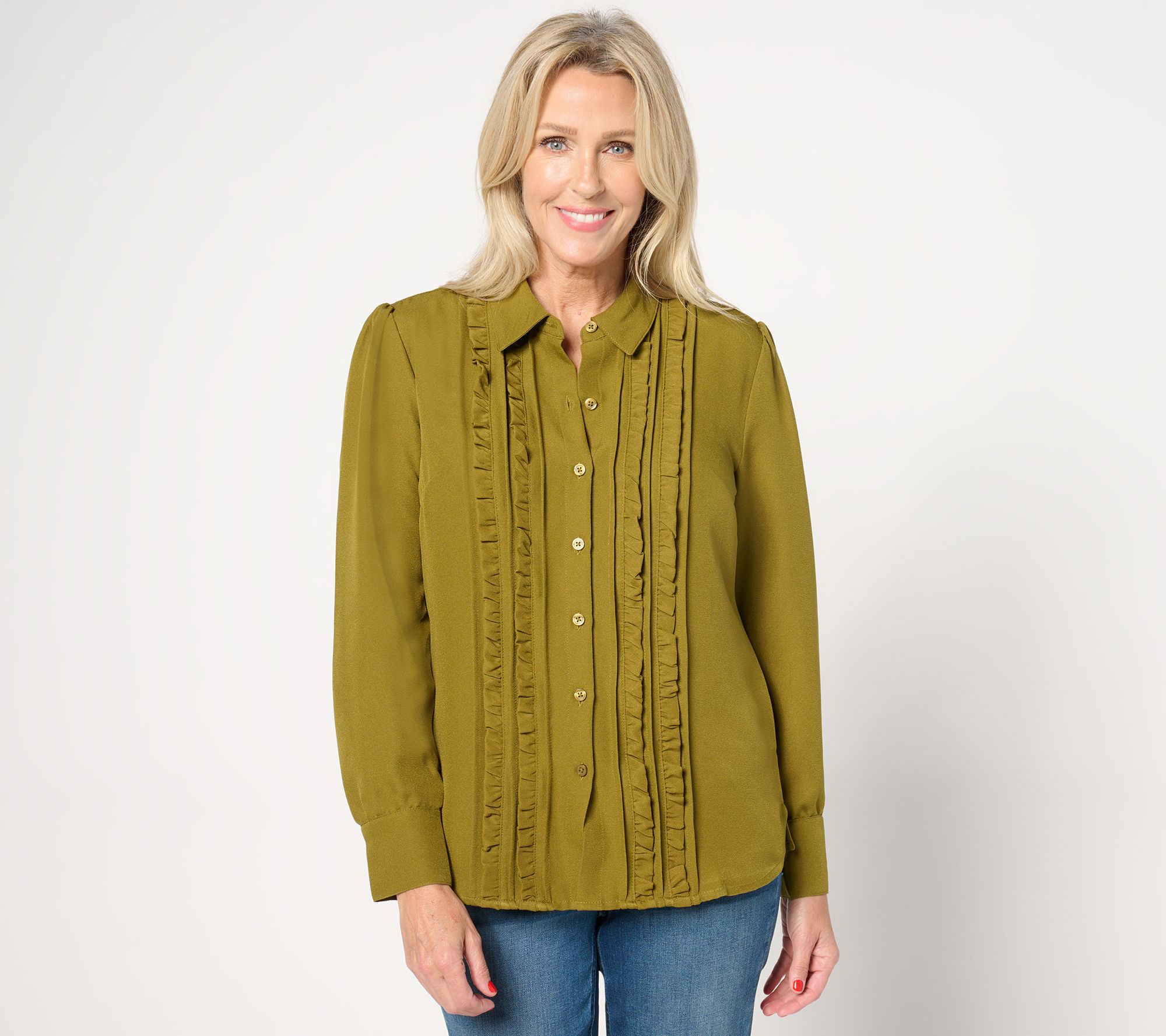 "As Is" Denim & Co. Heritage Ruffle Front Puff Sleeve Button Up Top