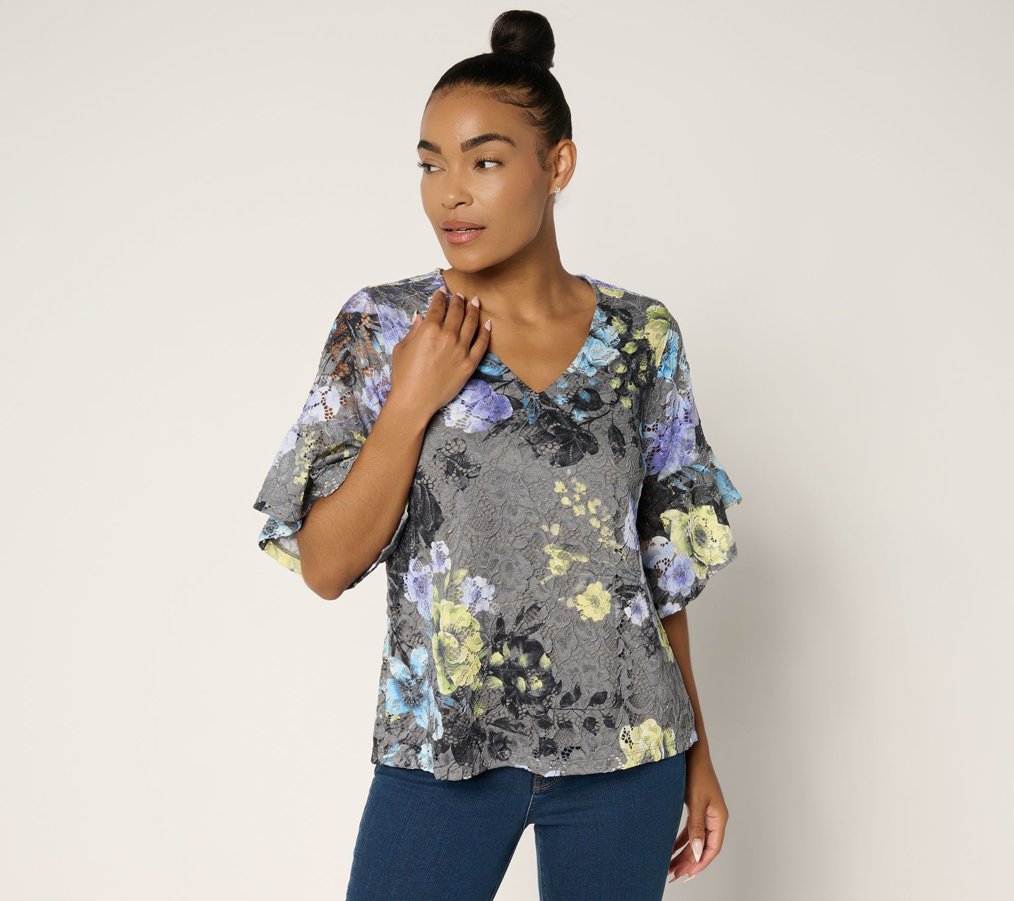 Attitudes by Renee Printed Lace Ruffle Sleeve Blouse