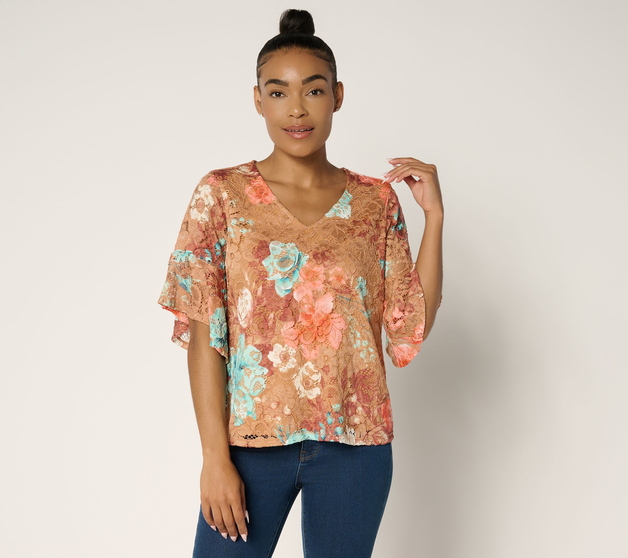 Attitudes by Renee Printed Lace Ruffle Sleeve Blouse