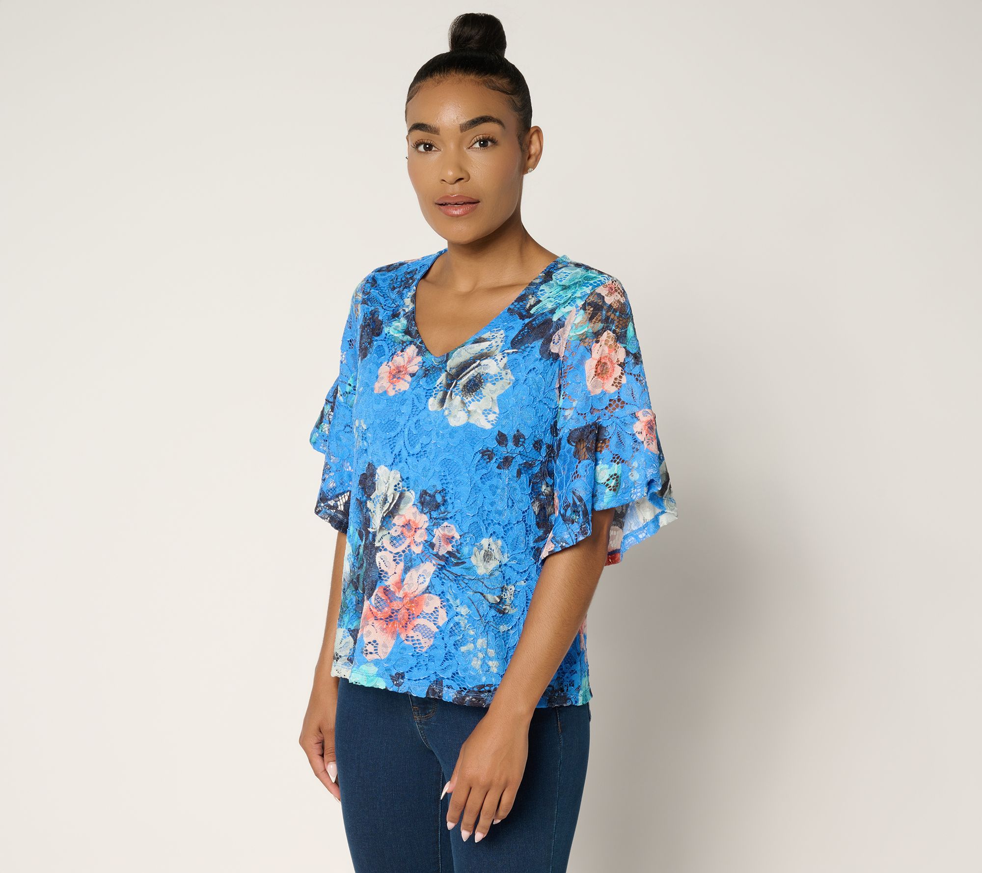 Attitudes by Renee Printed Lace Ruffle Sleeve Blouse
