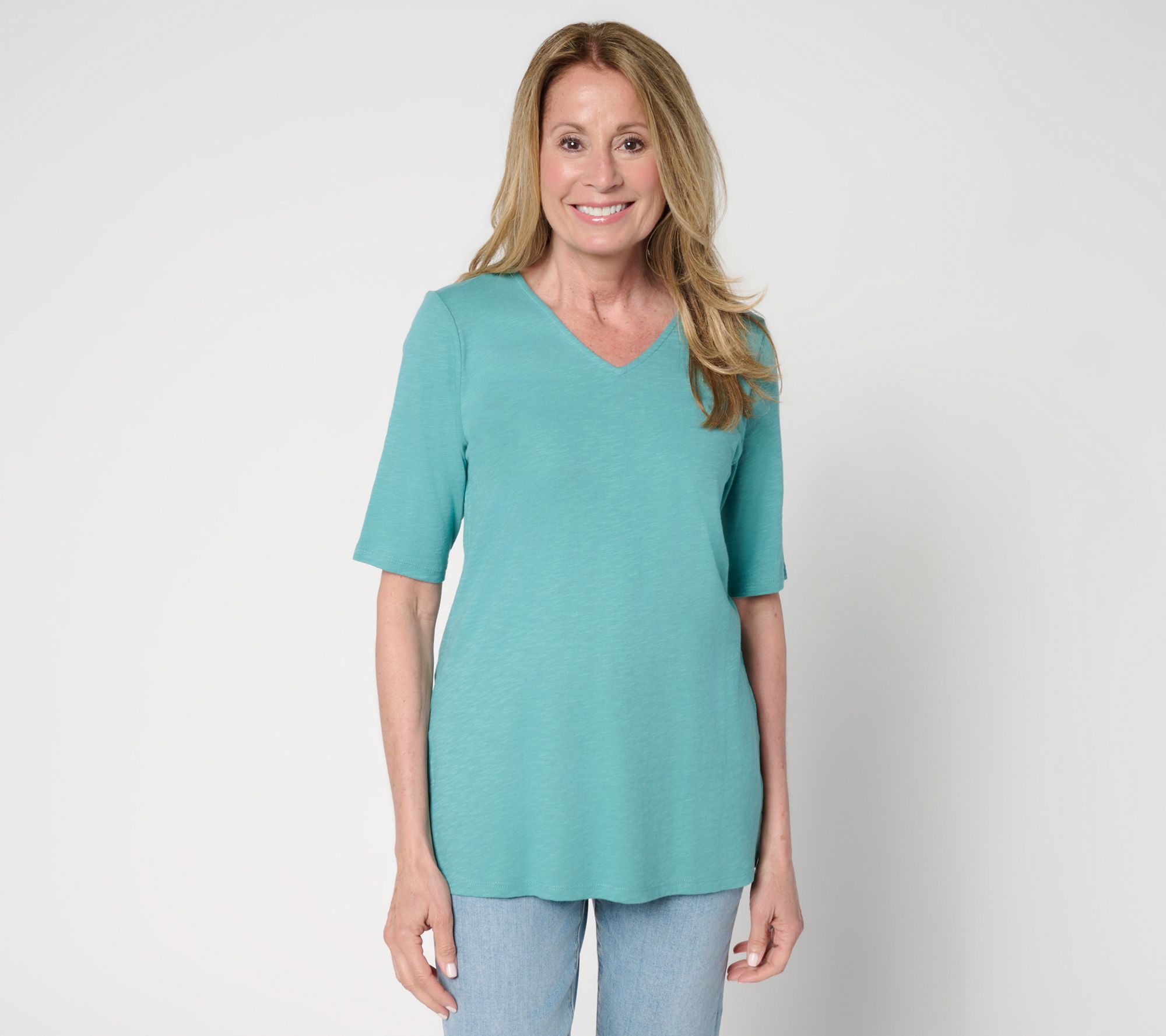 Denim & Co. Petite Print or Solid Elbow Sleeve V-Neck Tunic