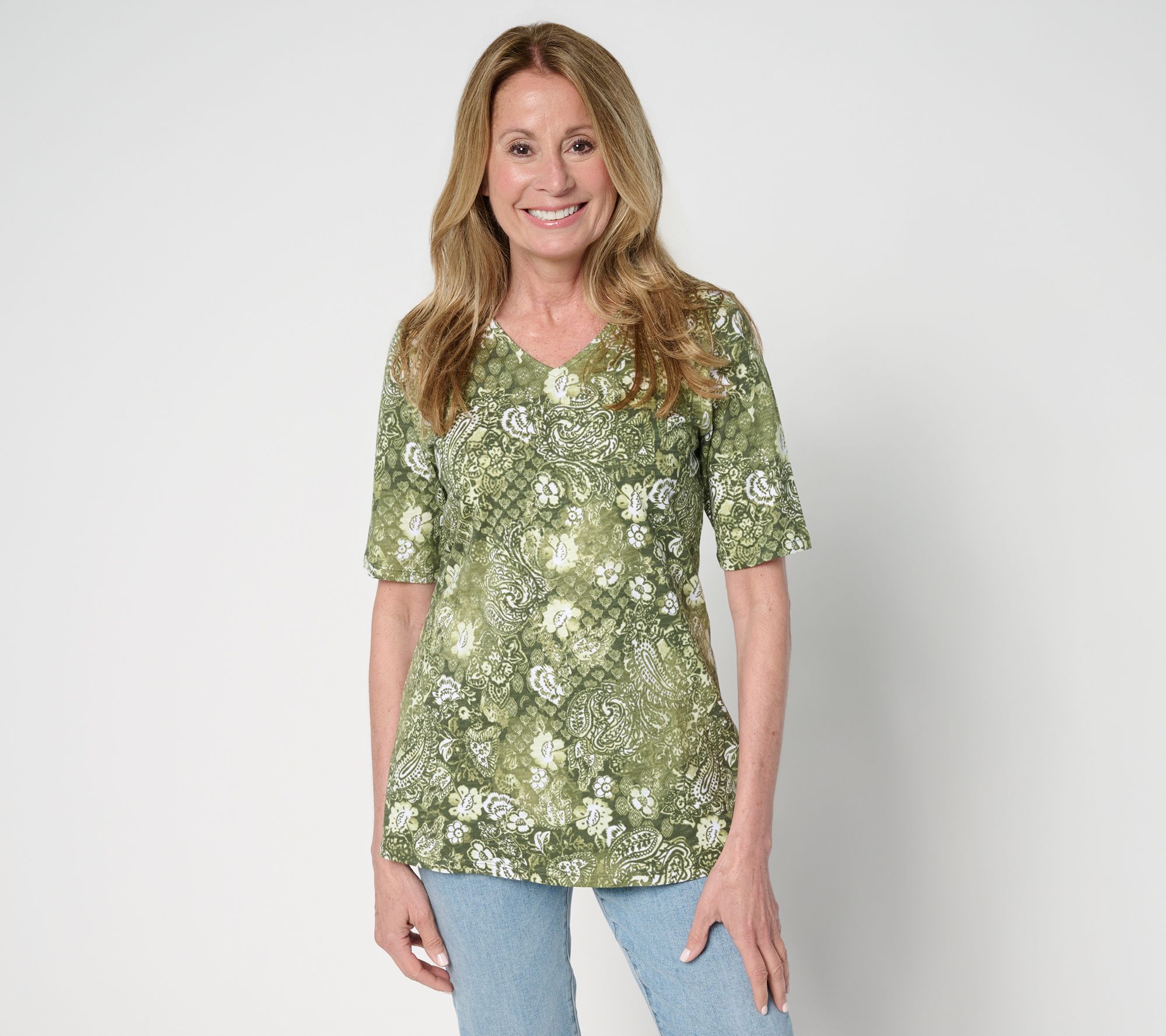Denim & Co. Petite Print or Solid Elbow Sleeve V-Neck Tunic