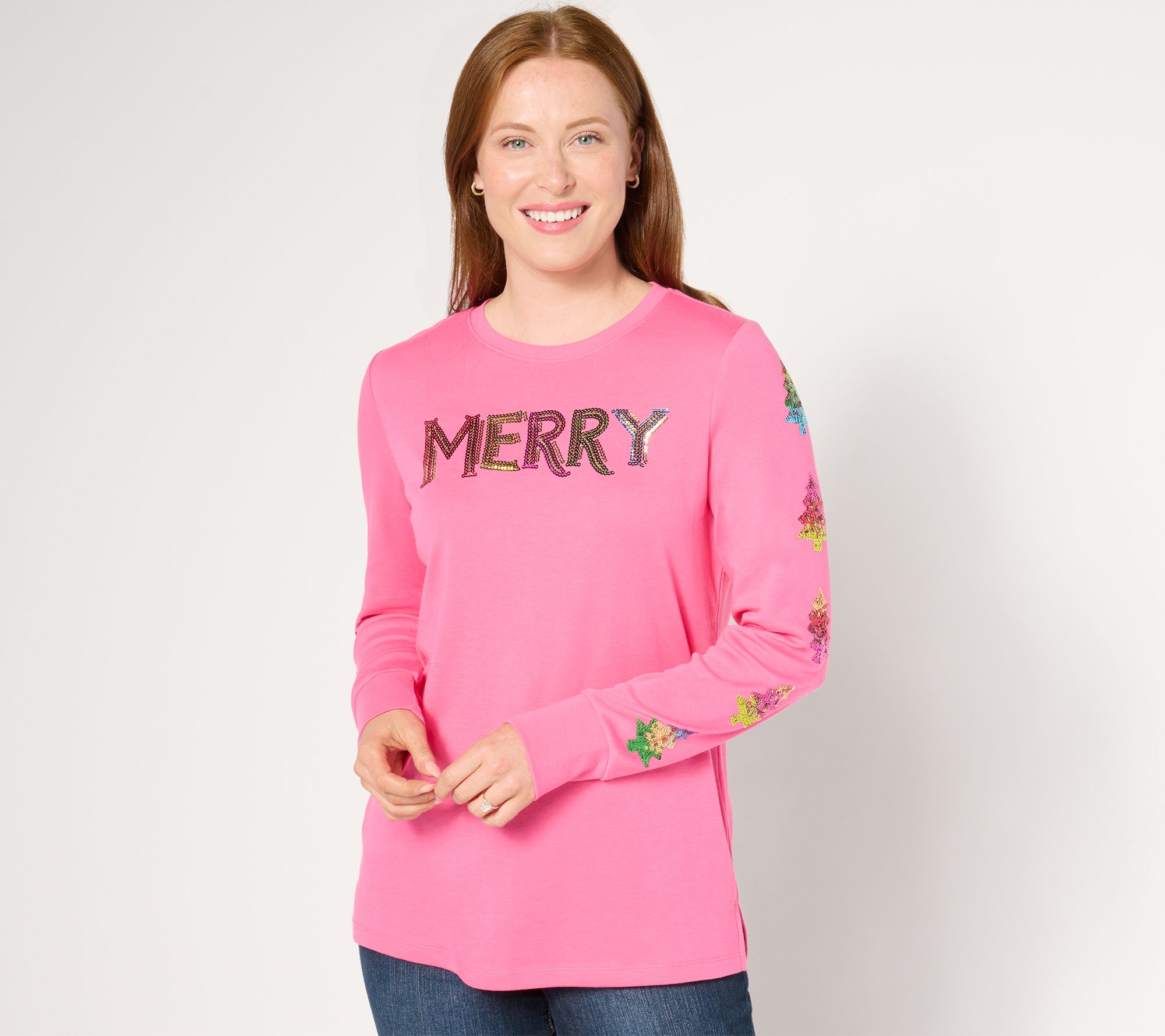 As Is Quacker Factory Merry Merry Sequin Long Sleeve Top