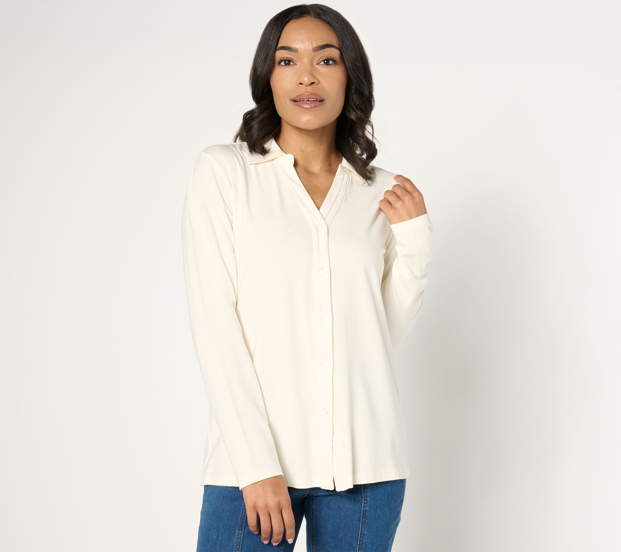 "As Is" Denim & Co. Essentials So Soft Jersey Lurex Detail Button Up Top