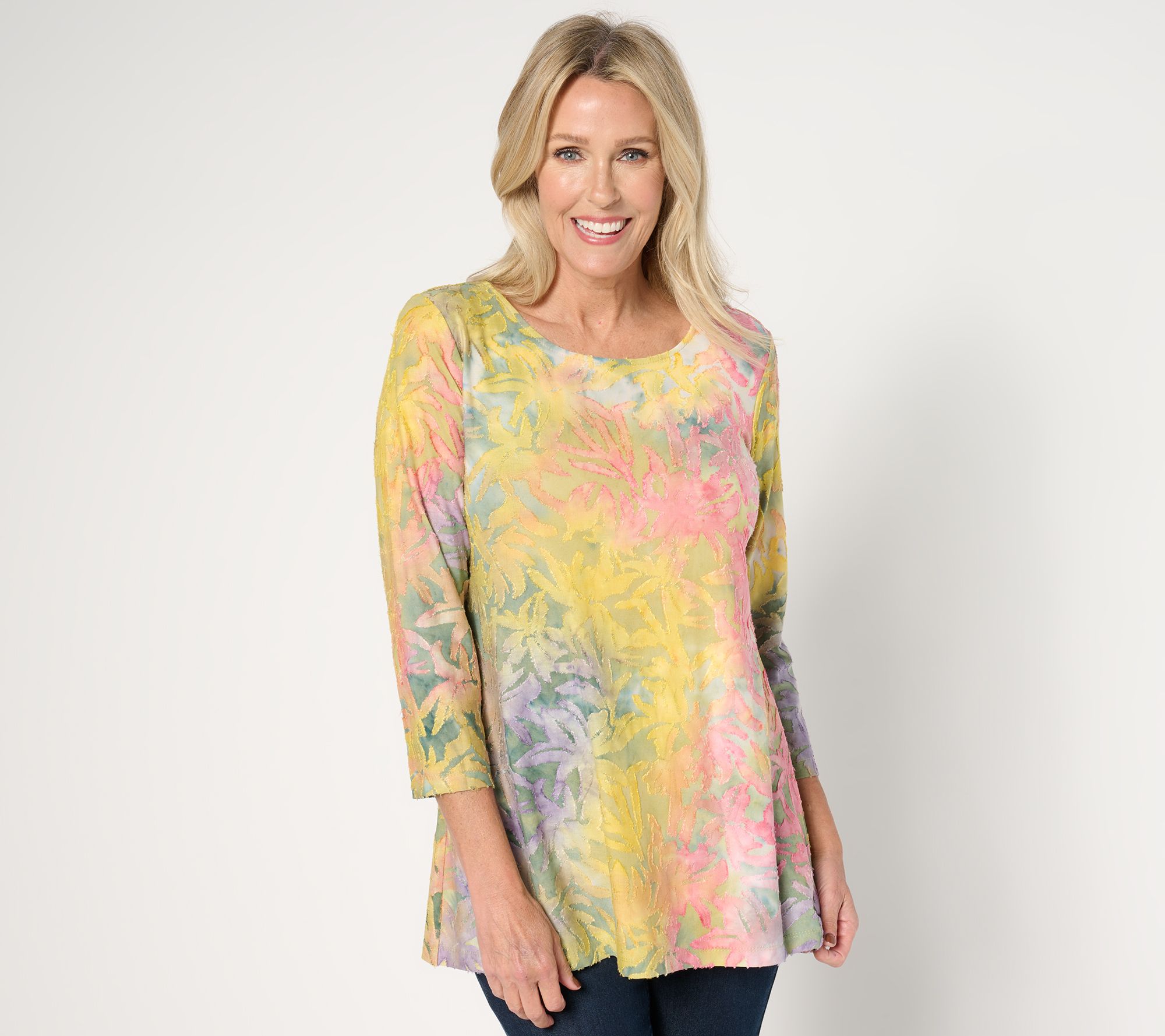 "As Is" Susan Graver Weekend Regular Tie Dye Burnout 3/4 Sleeve Tunic