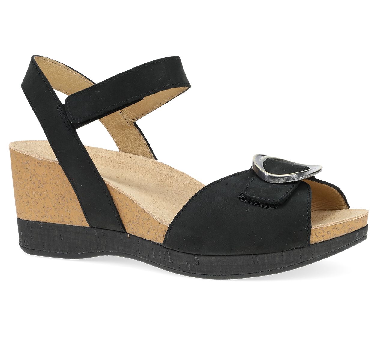 Dansko Stella Black Milled Nubuck Leather Wedge Sandal