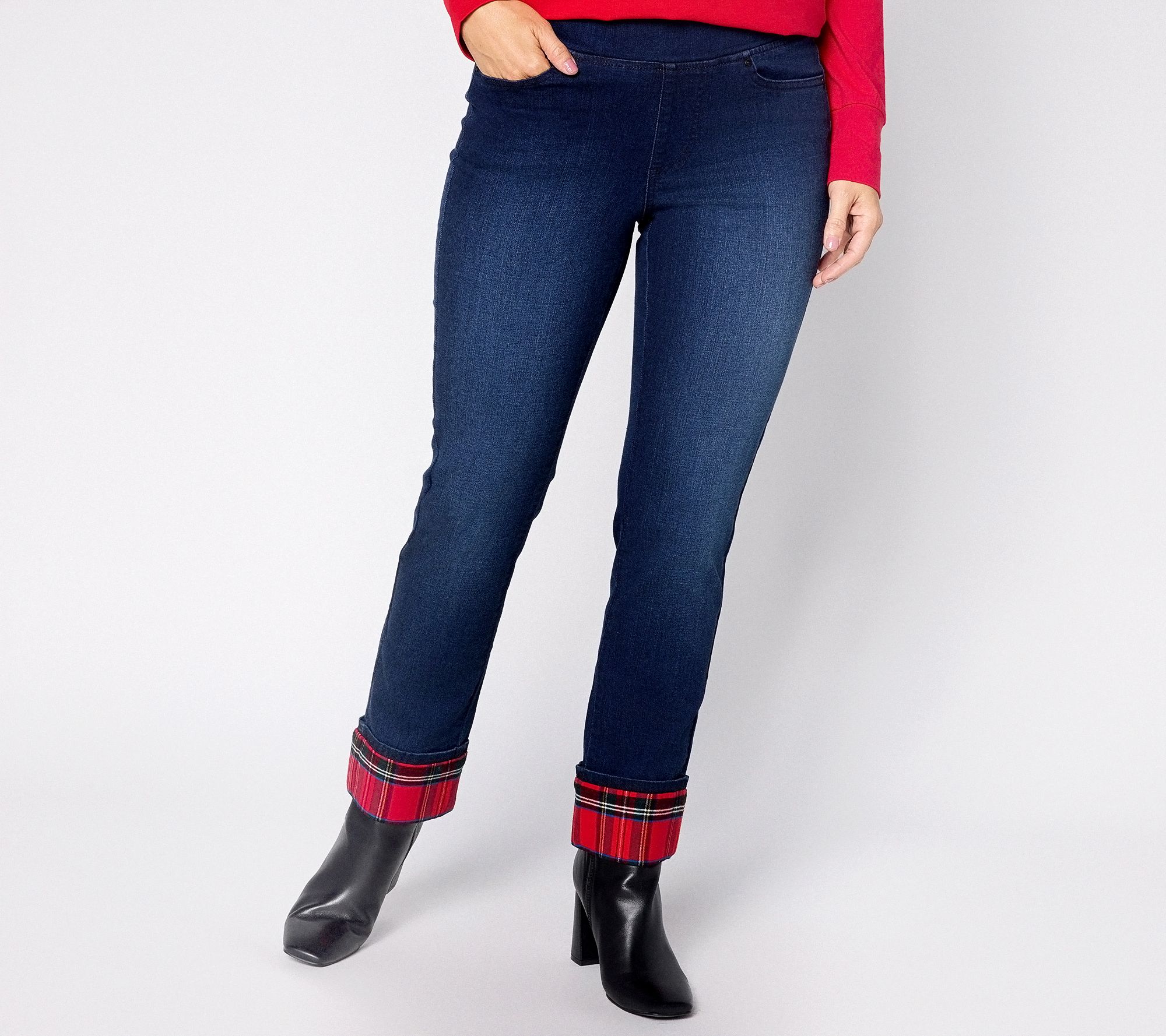 Belle by Kim Gravel Petite TripleLuxe Denim Tartan Cuff Jean