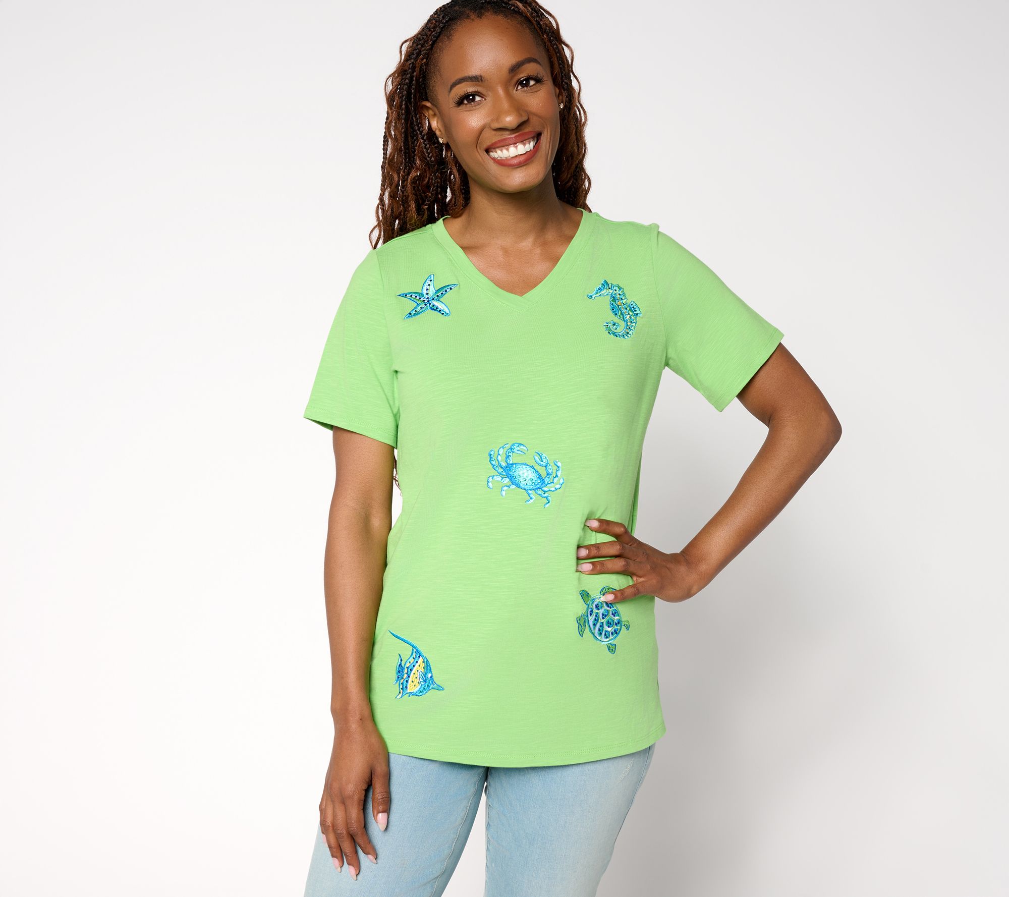 "As Is" Quacker Factory Vitamin Sea Embroidered Short Sleeve Top