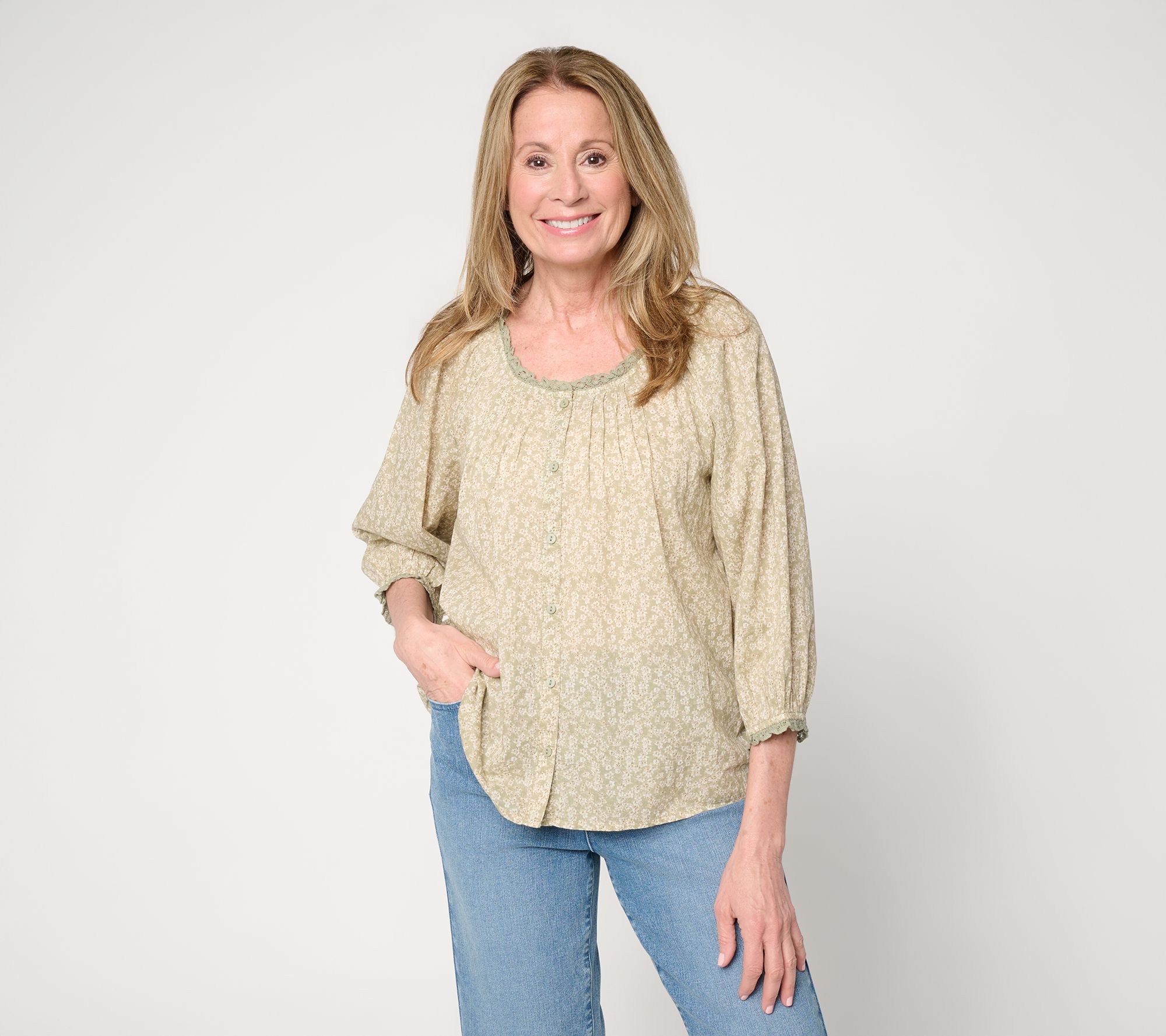 Me by Jennie Garth 100% Cotton Lace Detail Printed Blouse