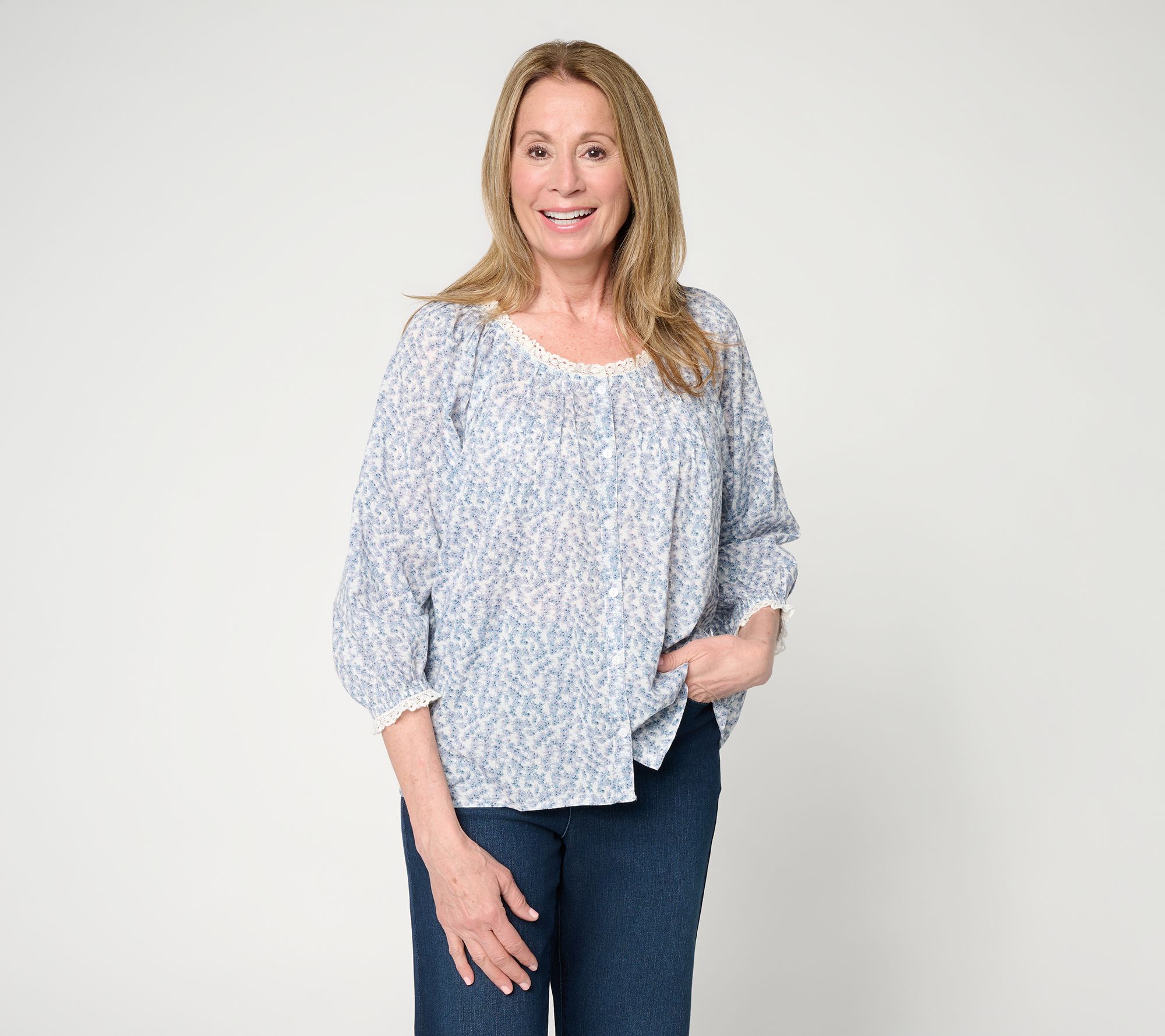 Me by Jennie Garth 100% Cotton Lace Detail Printed Blouse