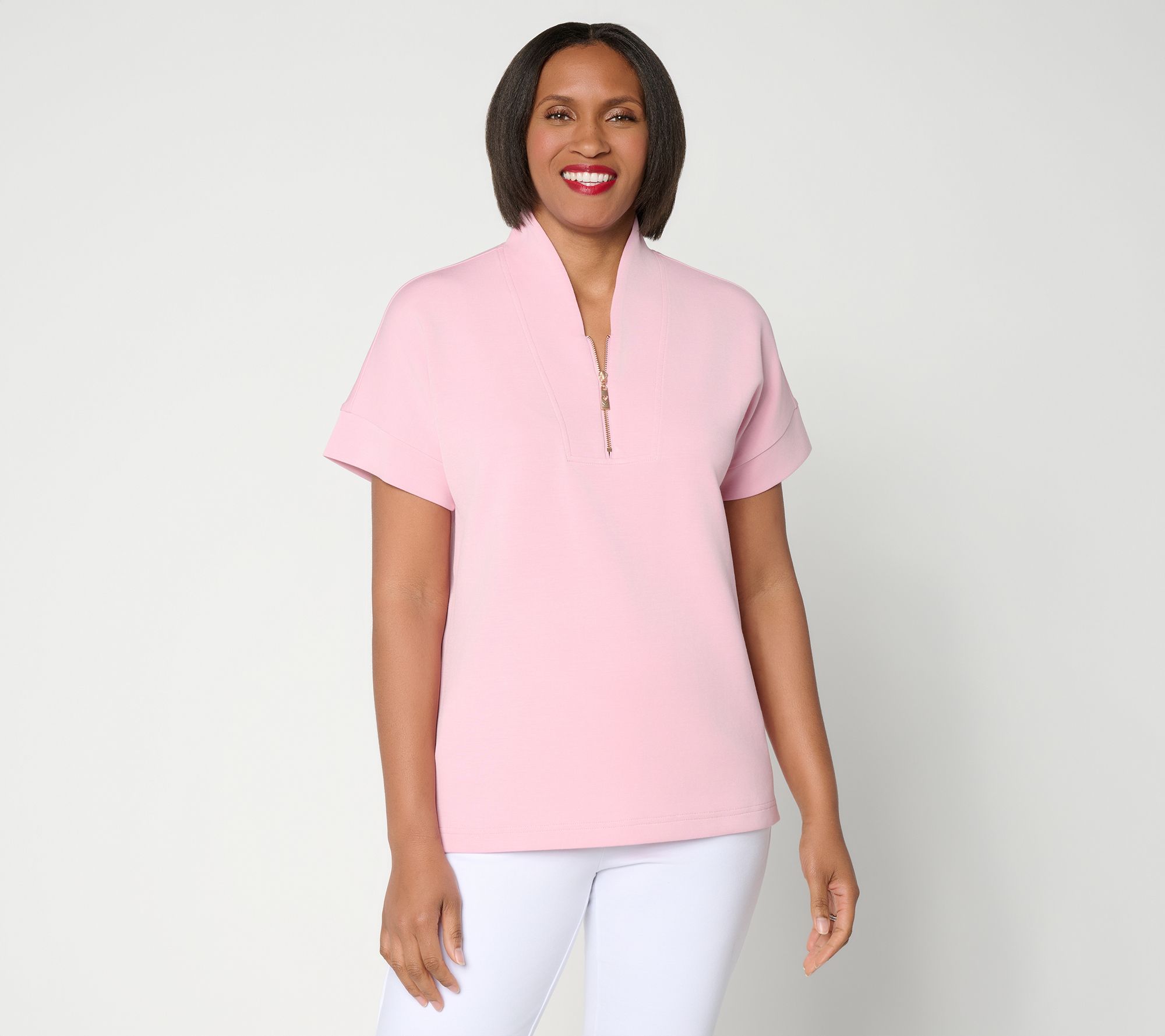 Belle by Kim Gravel ScubaLuxe Half Zip Short Sleeve Top