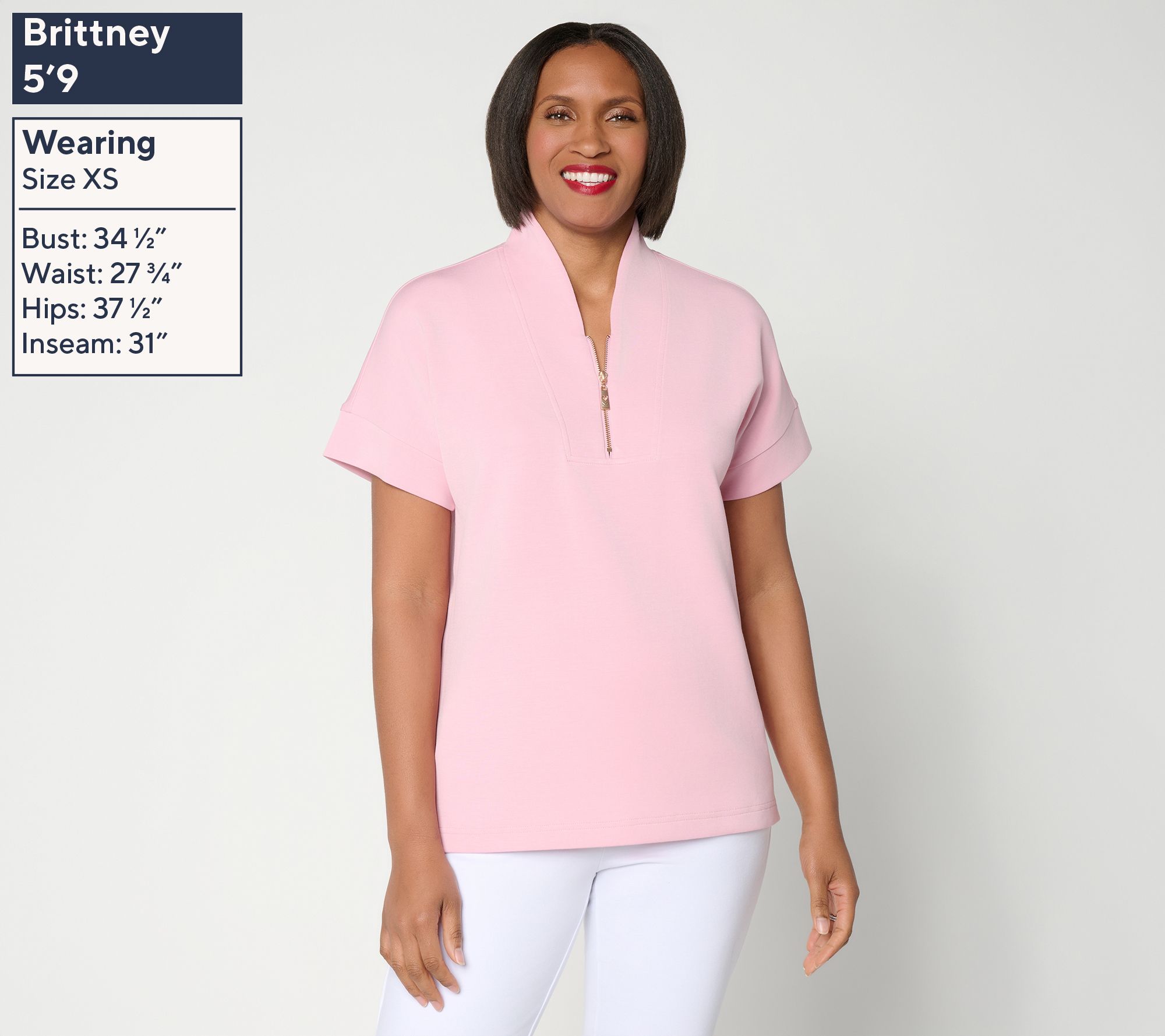 トップス Belly Bijou Belle by Kim Gravel ScubaLuxe Half Zip Short Sleeve Top - QVC.com