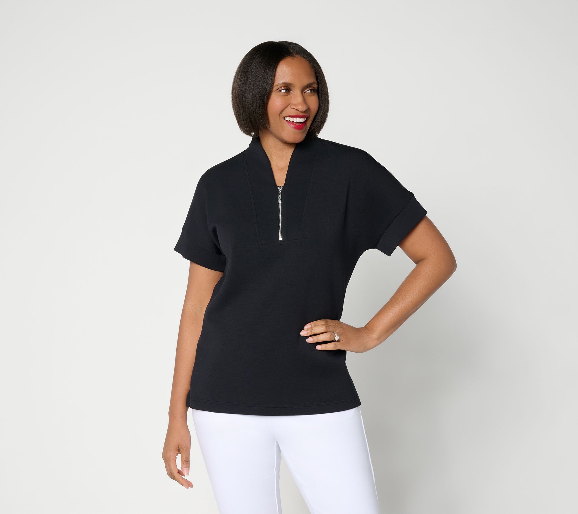 Belle by Kim Gravel ScubaLuxe Half Zip Short Sleeve Top