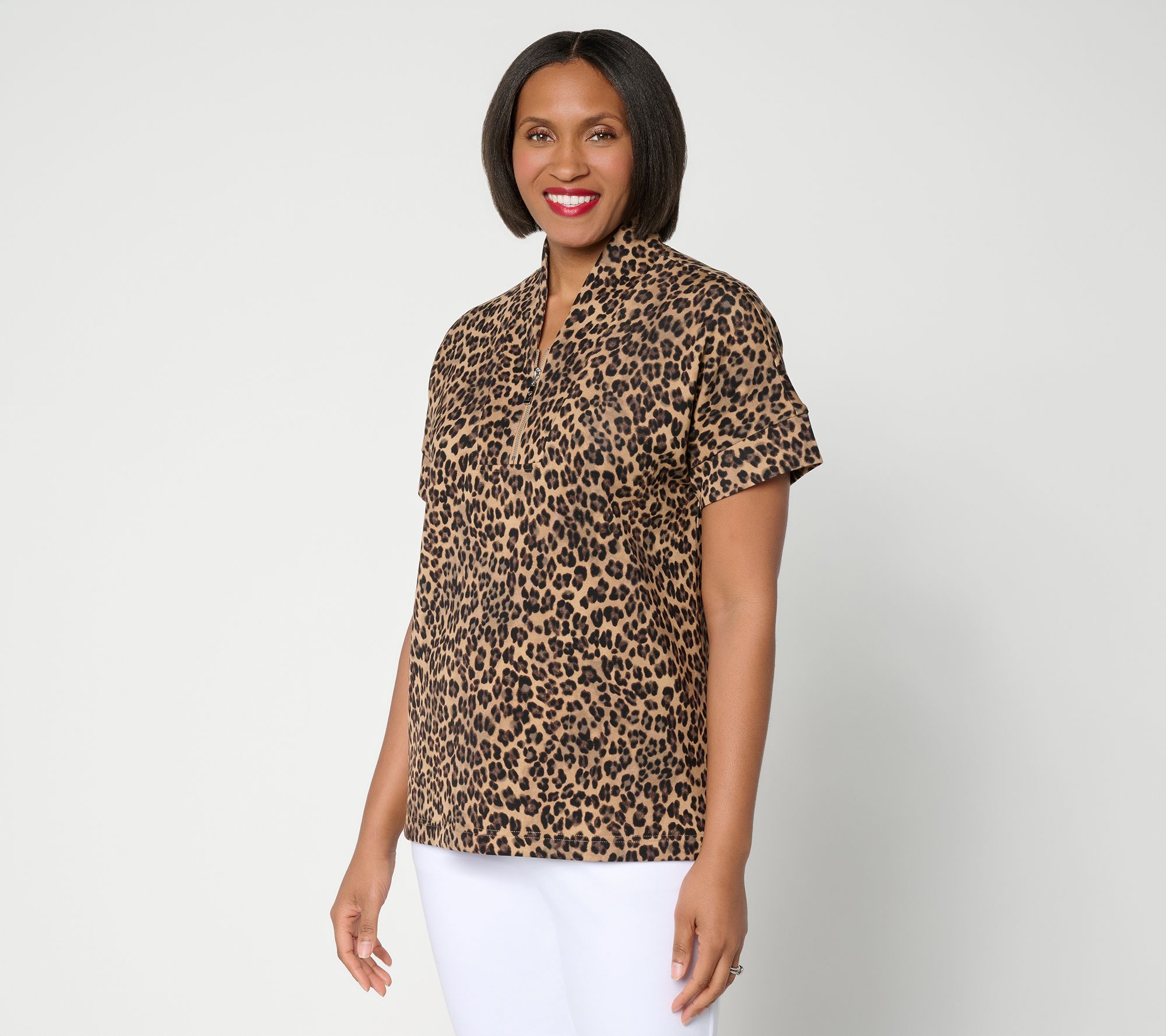 Belle by Kim Gravel ScubaLuxe Half Zip Short Sleeve Top