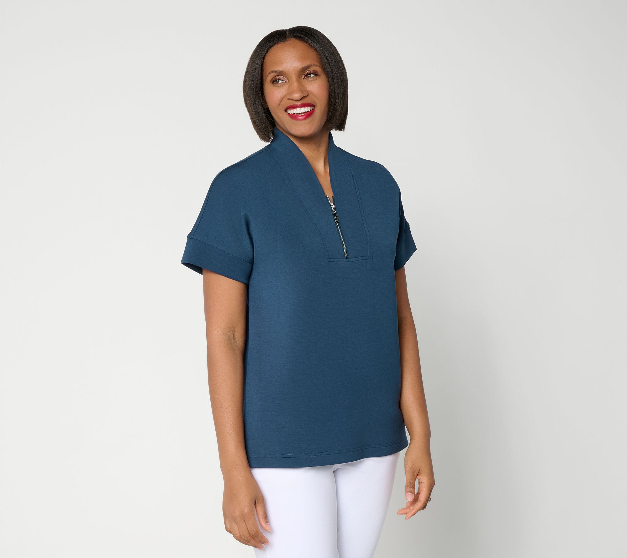 Belle by Kim Gravel ScubaLuxe Half Zip Short Sleeve Top