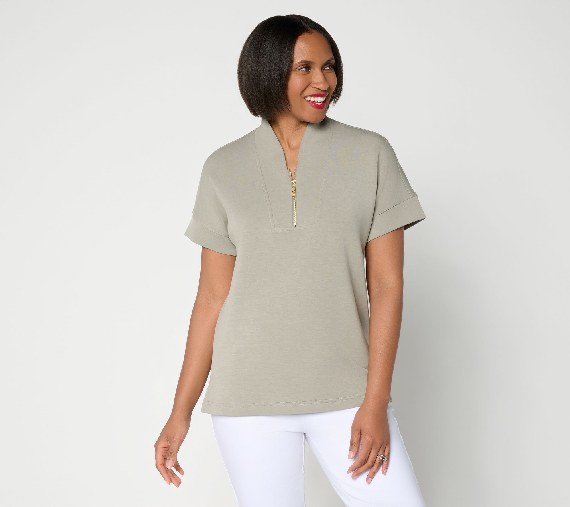 Belle by Kim Gravel ScubaLuxe Half Zip Short Sleeve Top