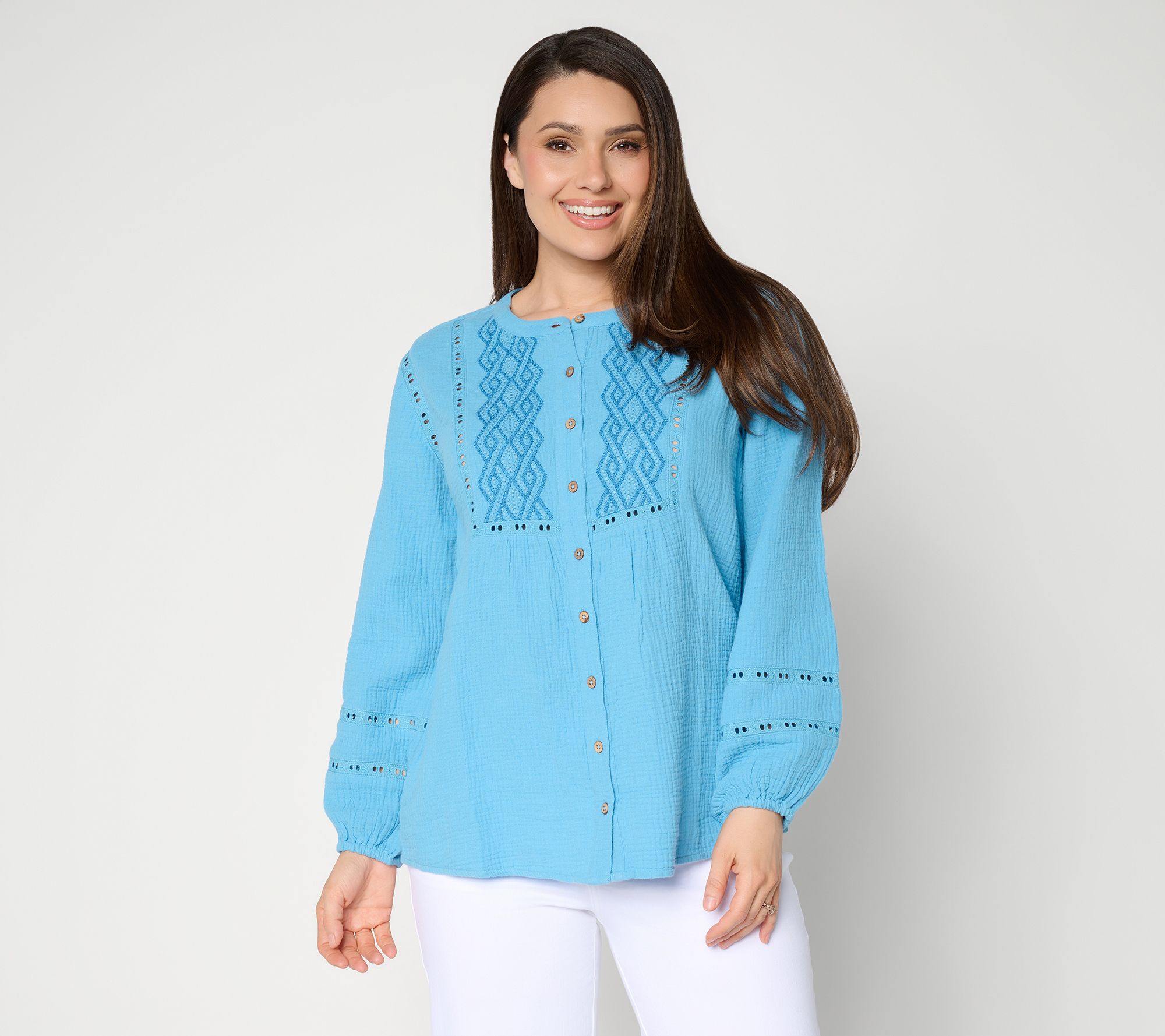 Susan Graver Regular Getaway Cotton Gauze Tunic with Embroidery