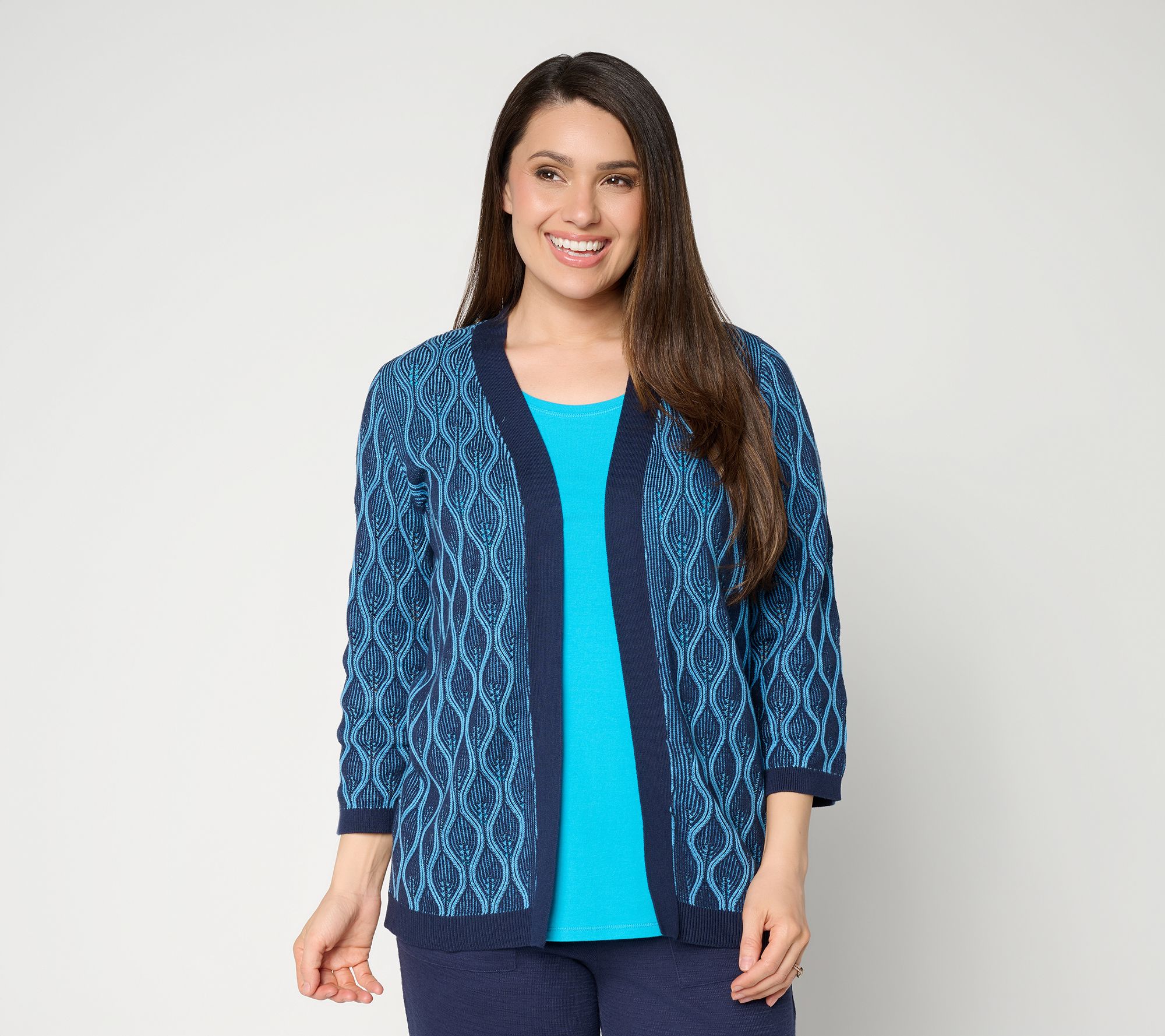 Susan Graver Jacquard Open Front Bell Sleeve Cardigan
