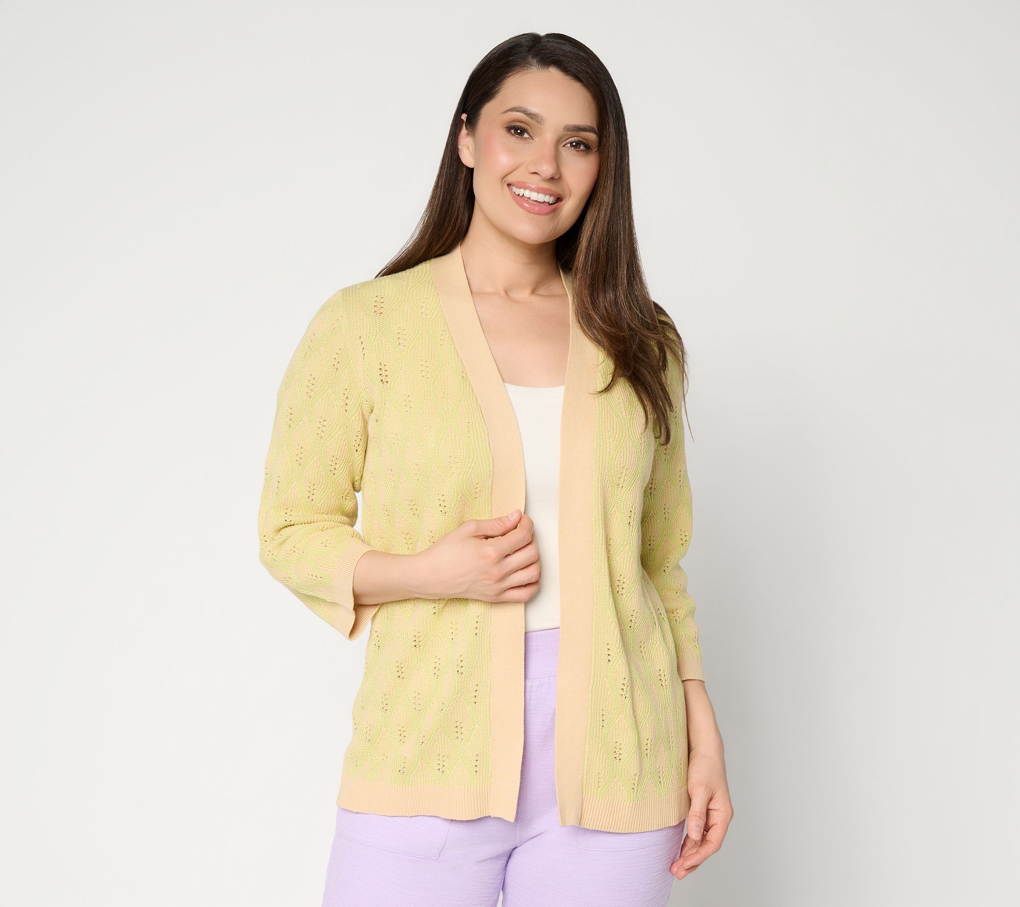 Susan Graver Jacquard Open Front Bell Sleeve Cardigan