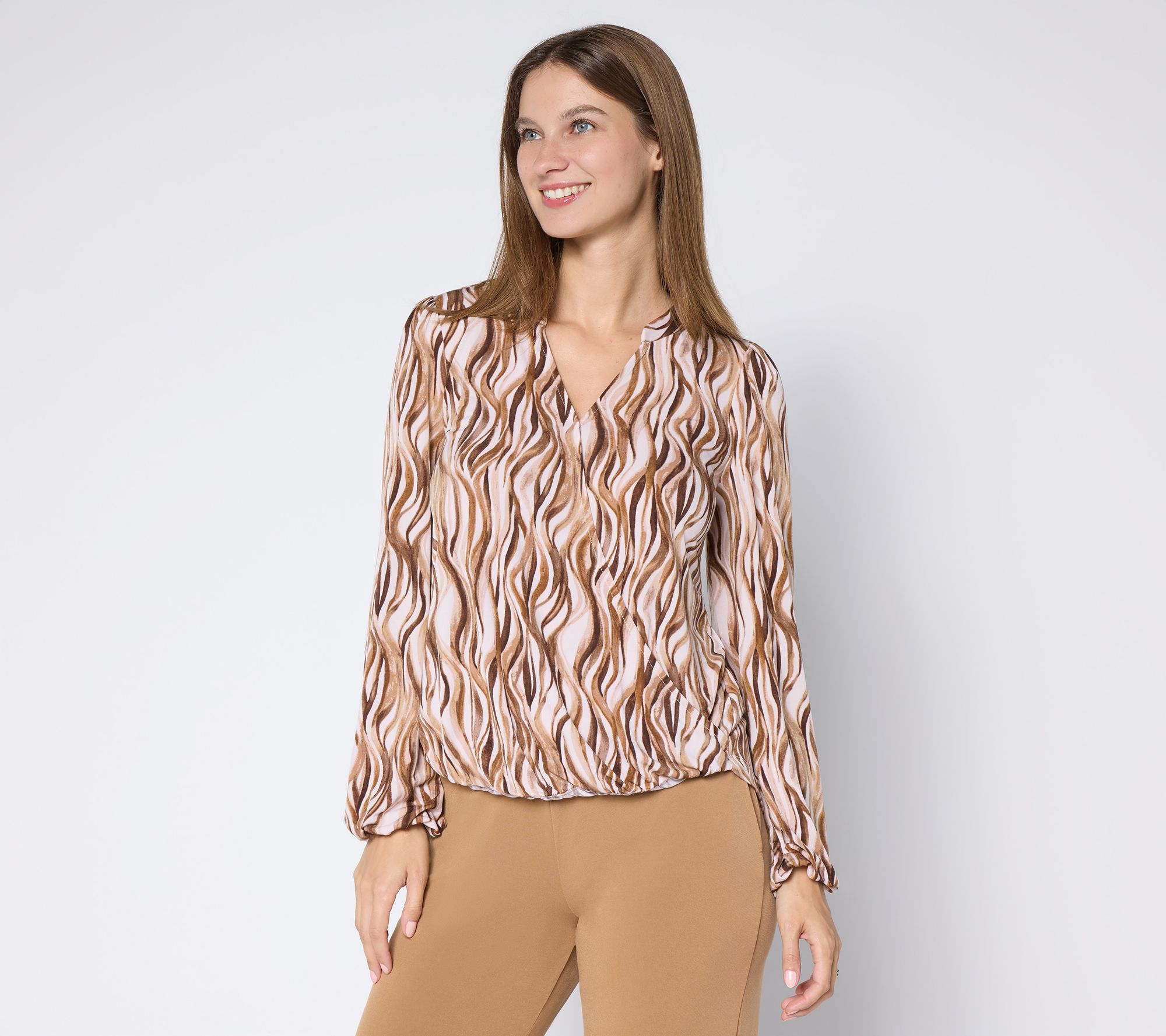 "As Is" Susan Graver Printed Liquid Knit Surplice Top with Hi-Low Hem