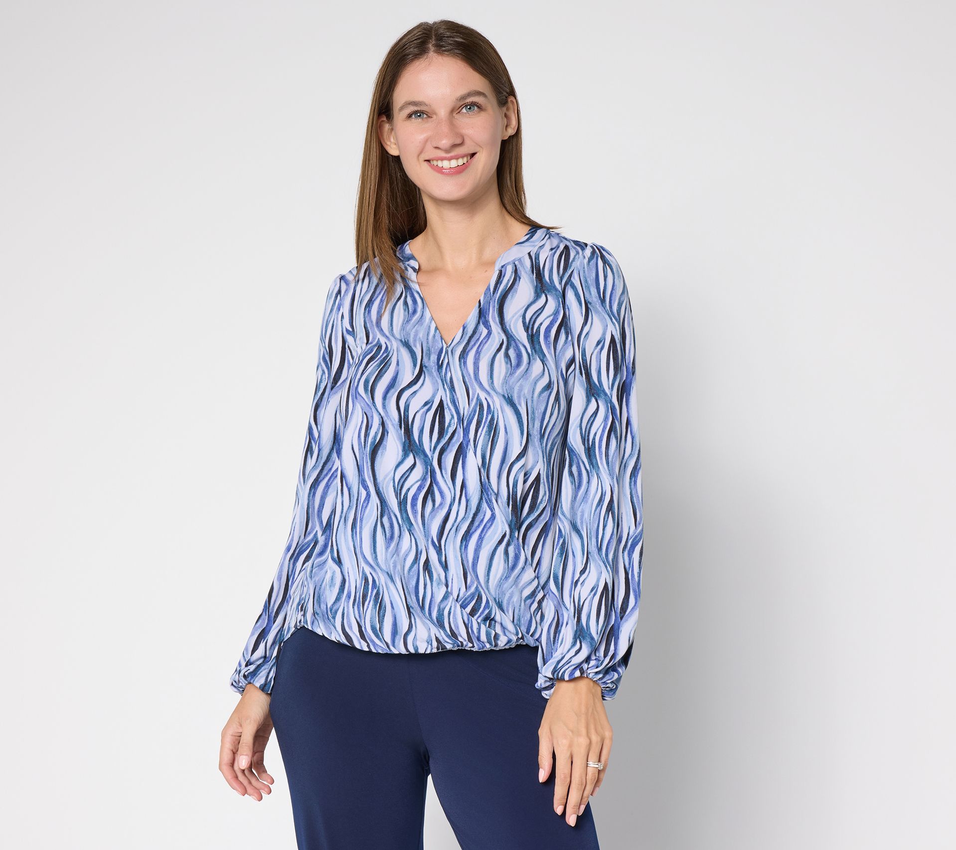 "As Is" Susan Graver Printed Liquid Knit Surplice Top with Hi-Low Hem