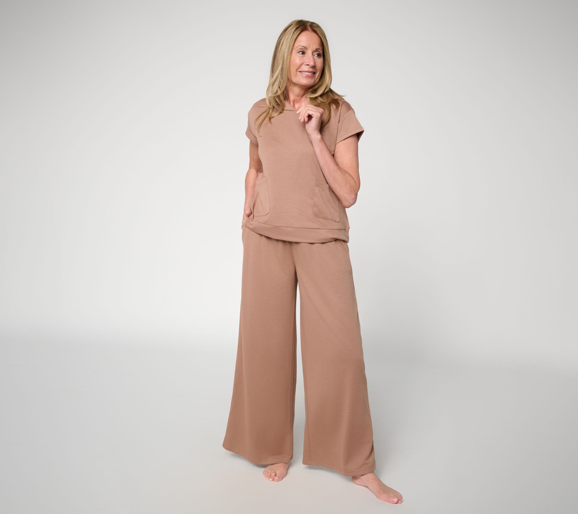 MUK LUKS Petite French Terry Hooded Top & Wide Leg Pant Lounge Set
