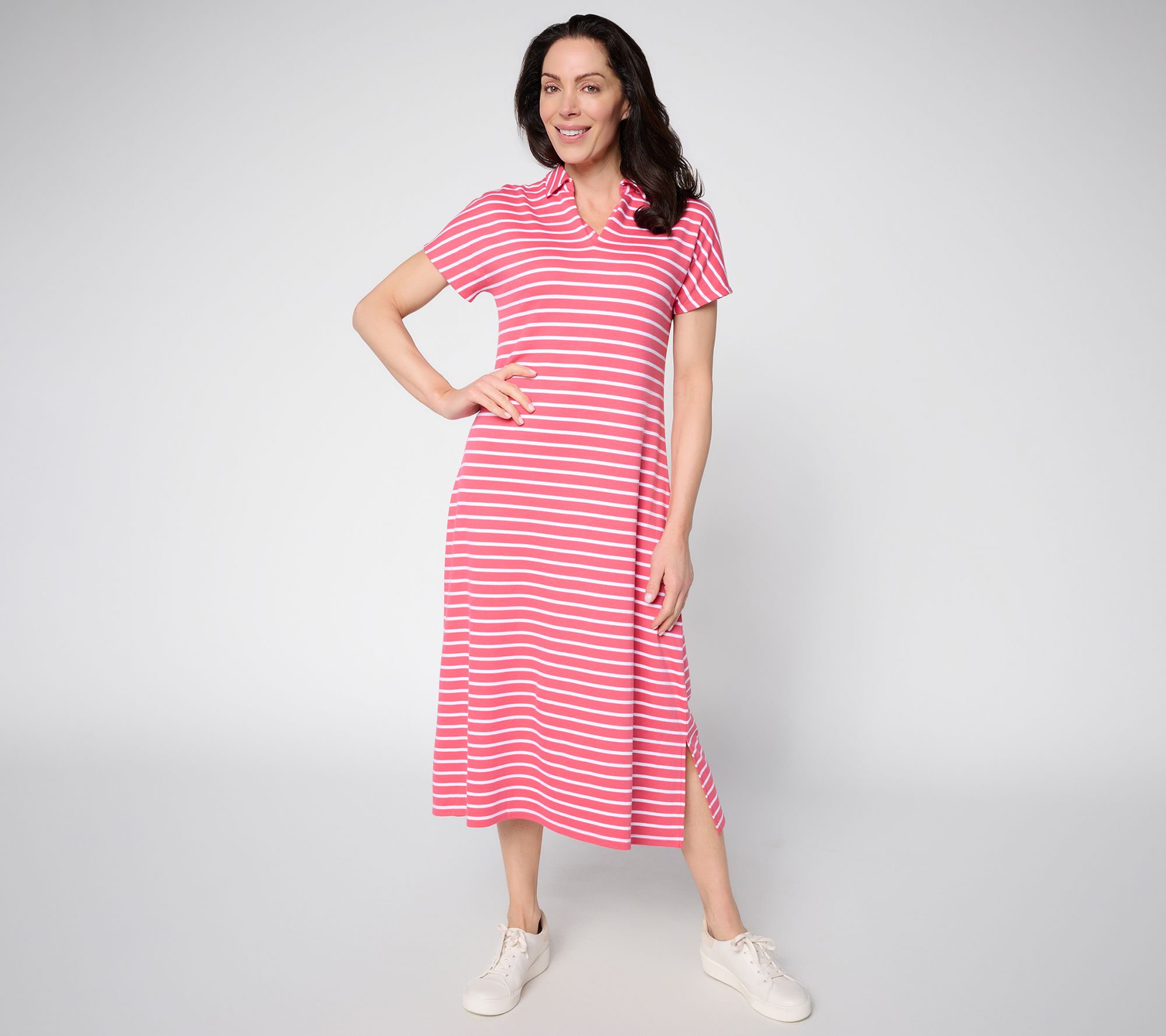 Joan Rivers Petite Split Neck Striped Dress with Side Slits