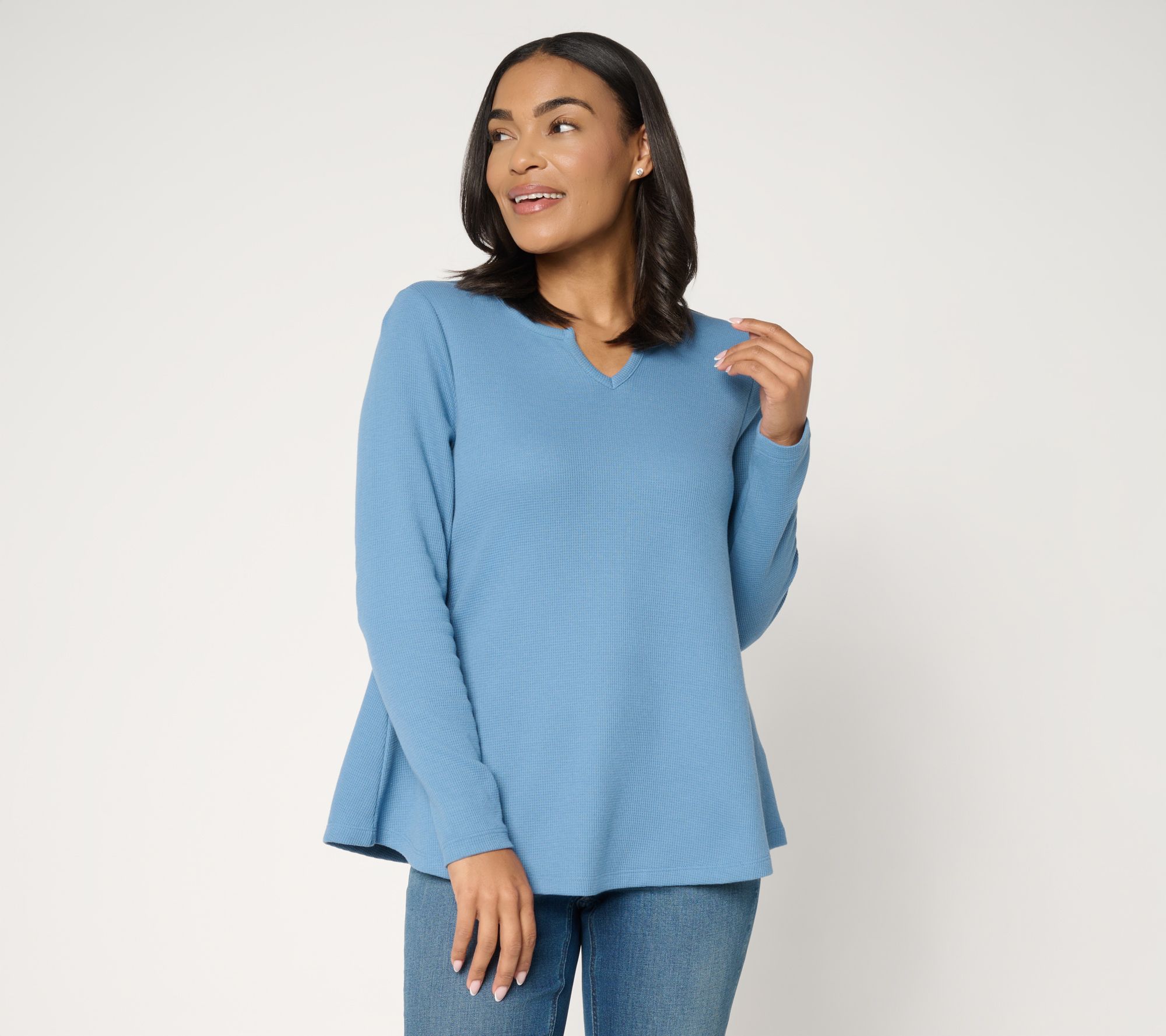 "As Is" Denim & Co. Essentials Waffle Knit Split Neck Swing Top