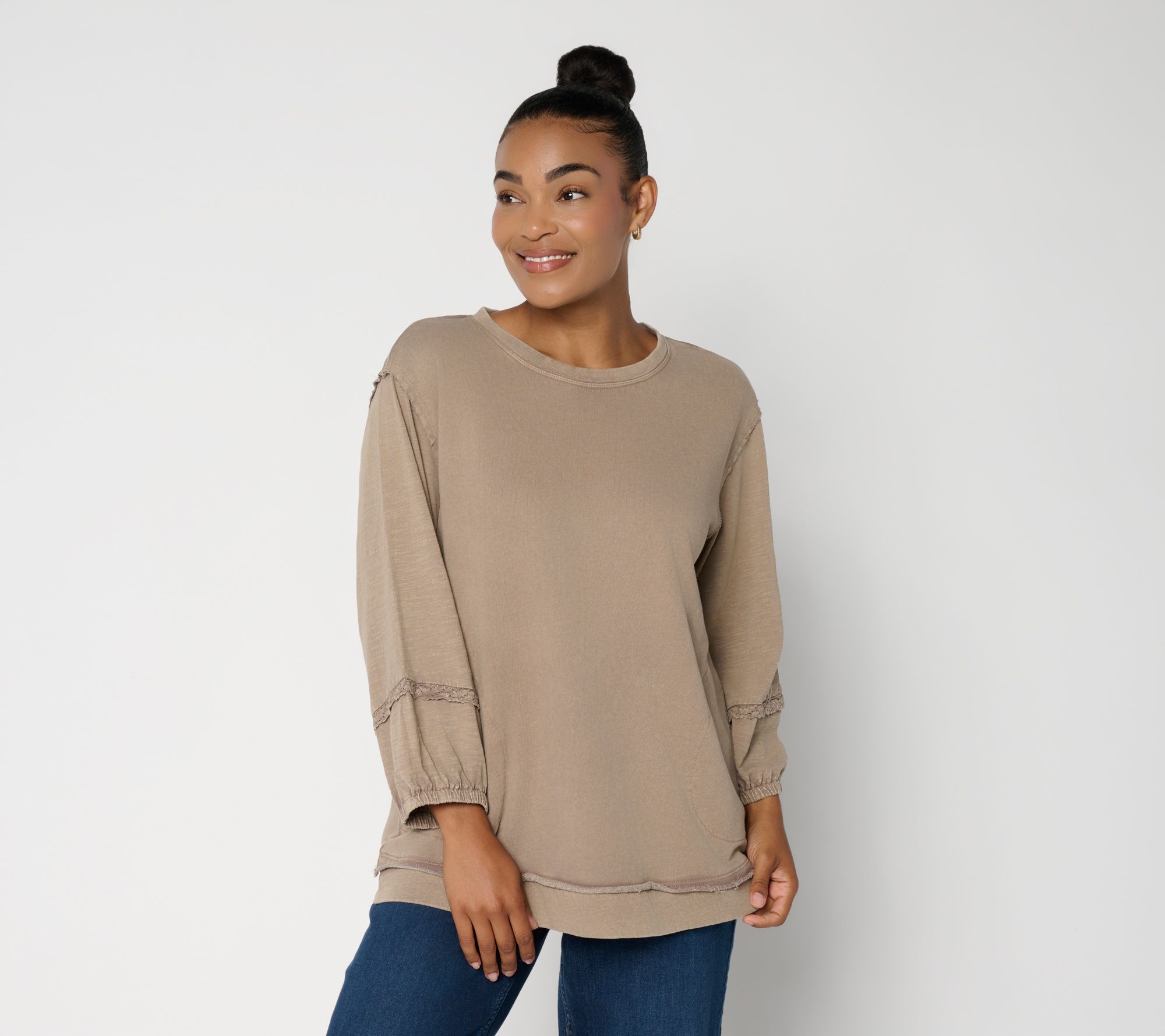 LOGO by Lori Goldstein Mixed Media 3/4 Sleeve Top with Lace Trim