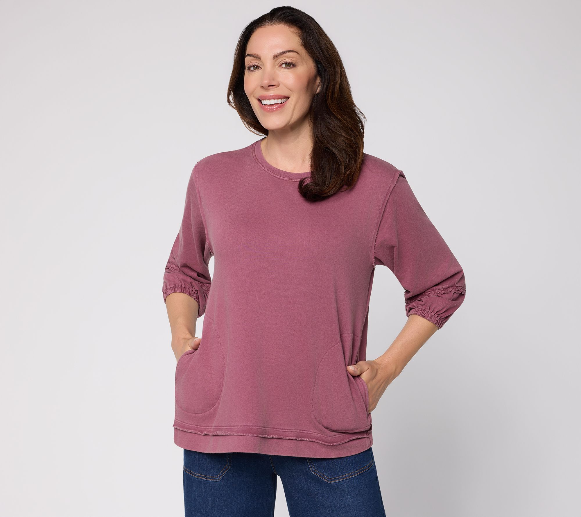 LOGO by Lori Goldstein Mixed Media 3/4 Sleeve Top with Lace Trim