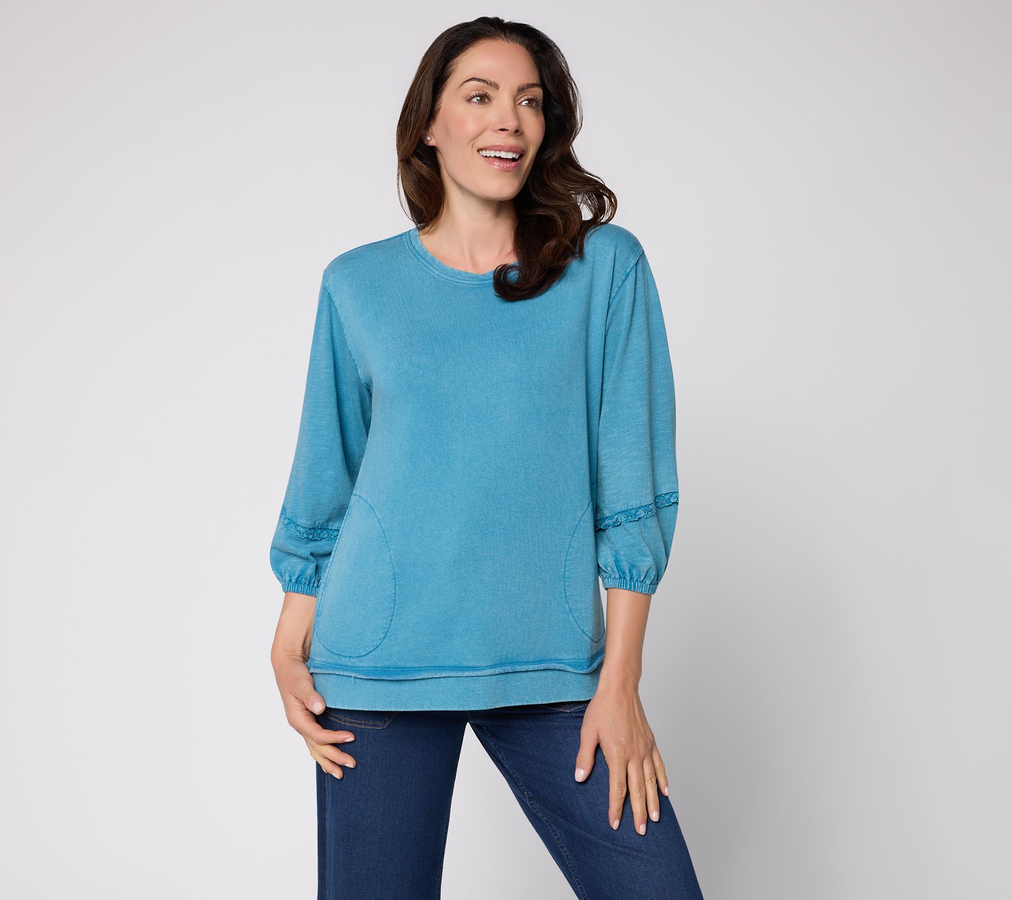 LOGO by Lori Goldstein Mixed Media 3/4 Sleeve Top with Lace Trim