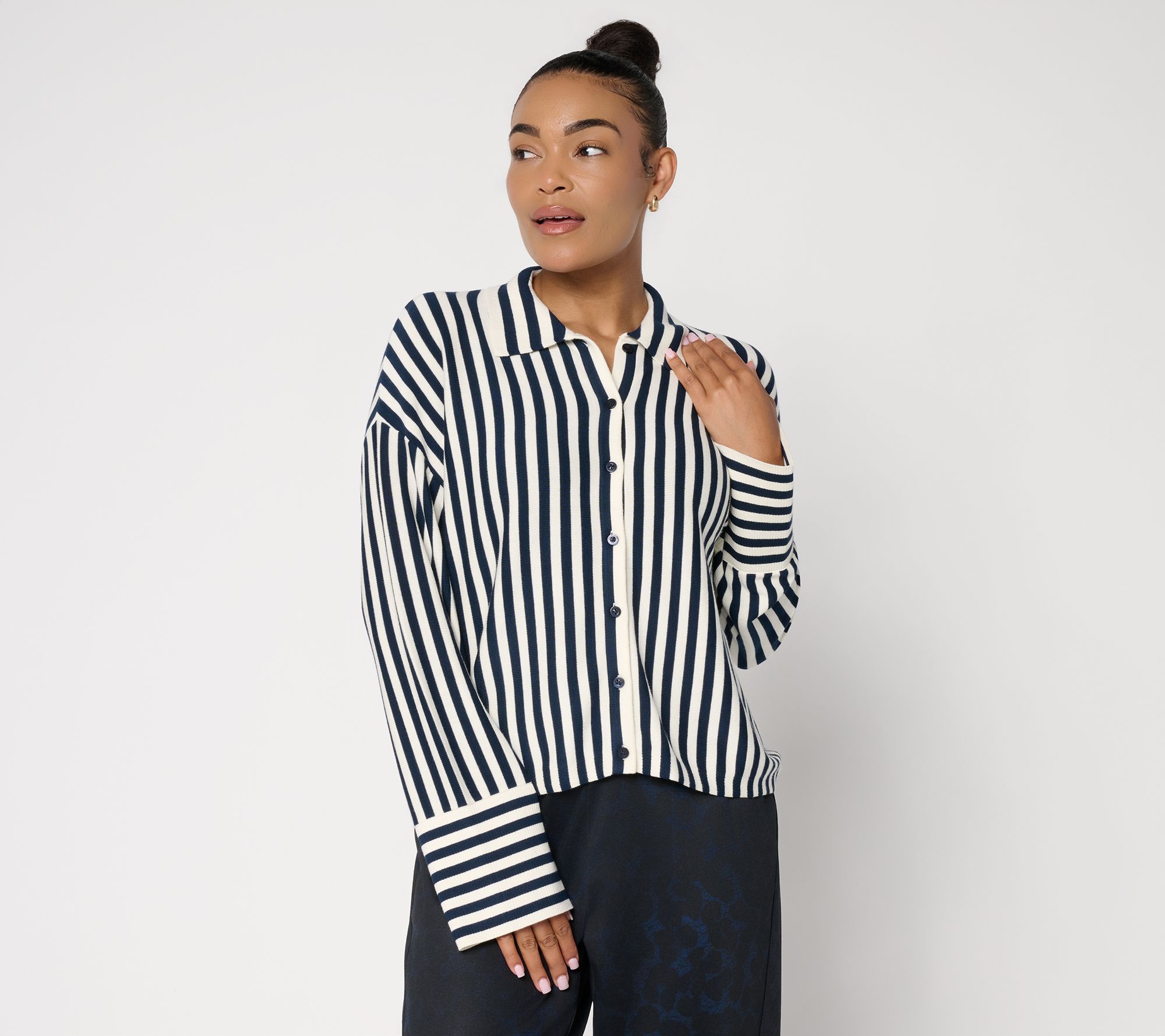Carla Rockmore Collection Striped Button Front Sweater Shirt