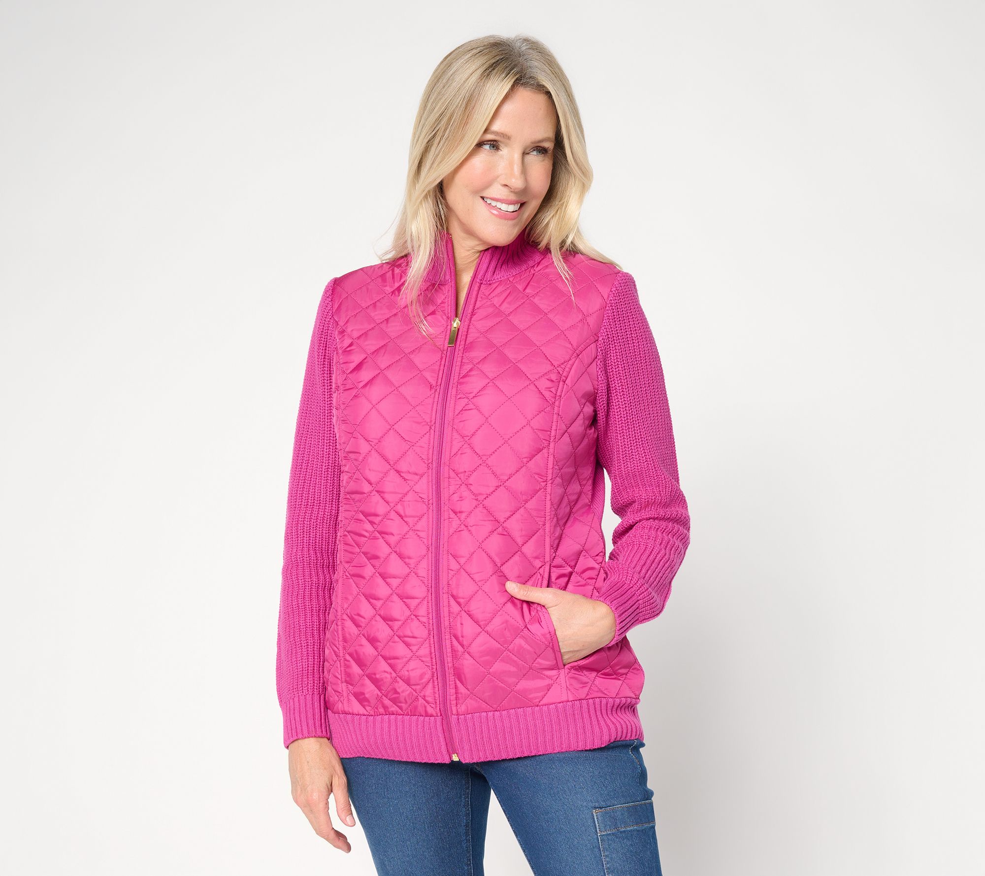 "As Is" Denim & Co. Petite Quilted Zip Front Sweater Jacket